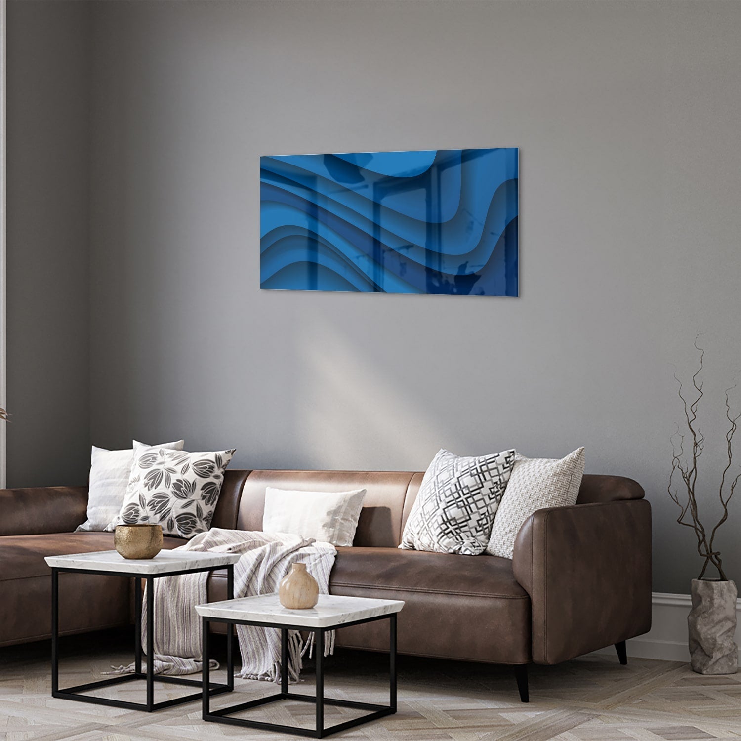 Modernes Glasbild in verschiedenen Blautönen – Glasbild aus Sicherheitsglas, Größe 125x50