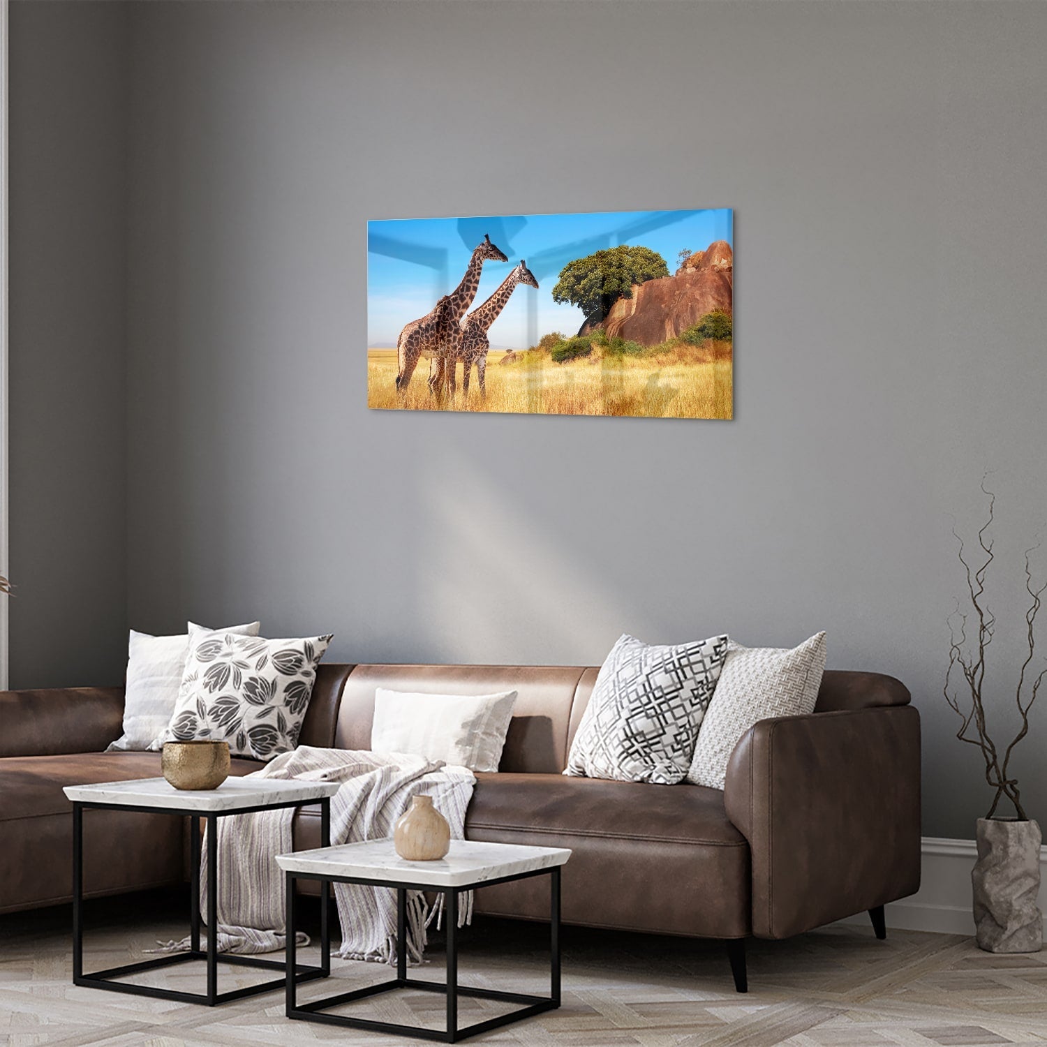 Glasbild mit zwei Giraffen in der afrikanischen Landschaft – Glasbild aus Sicherheitsglas, Größe 125x50
