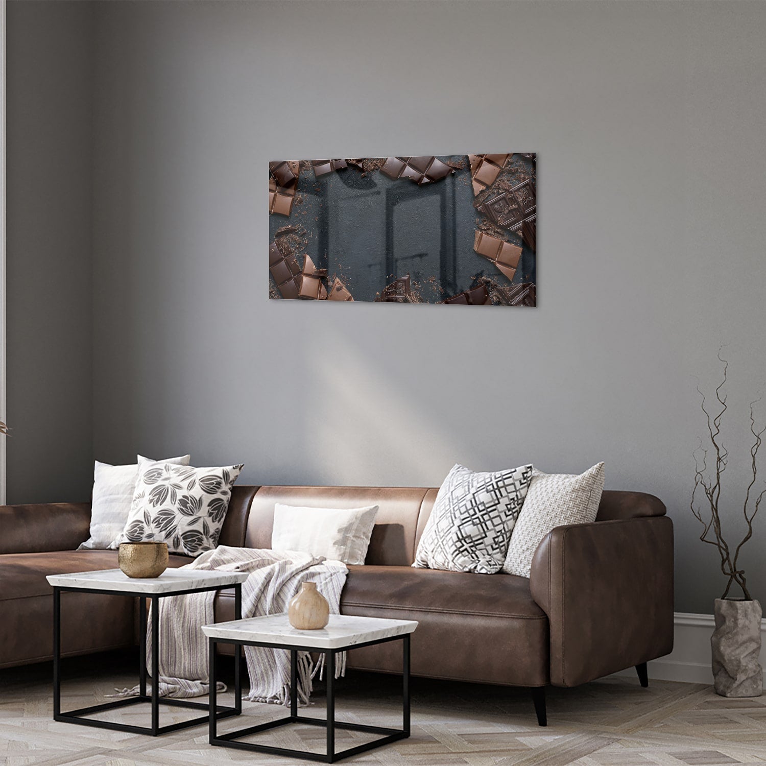 Glasbild mit Schokoladenmotiv für moderne Innenräume – Glasbild aus Sicherheitsglas, Größe 125x50