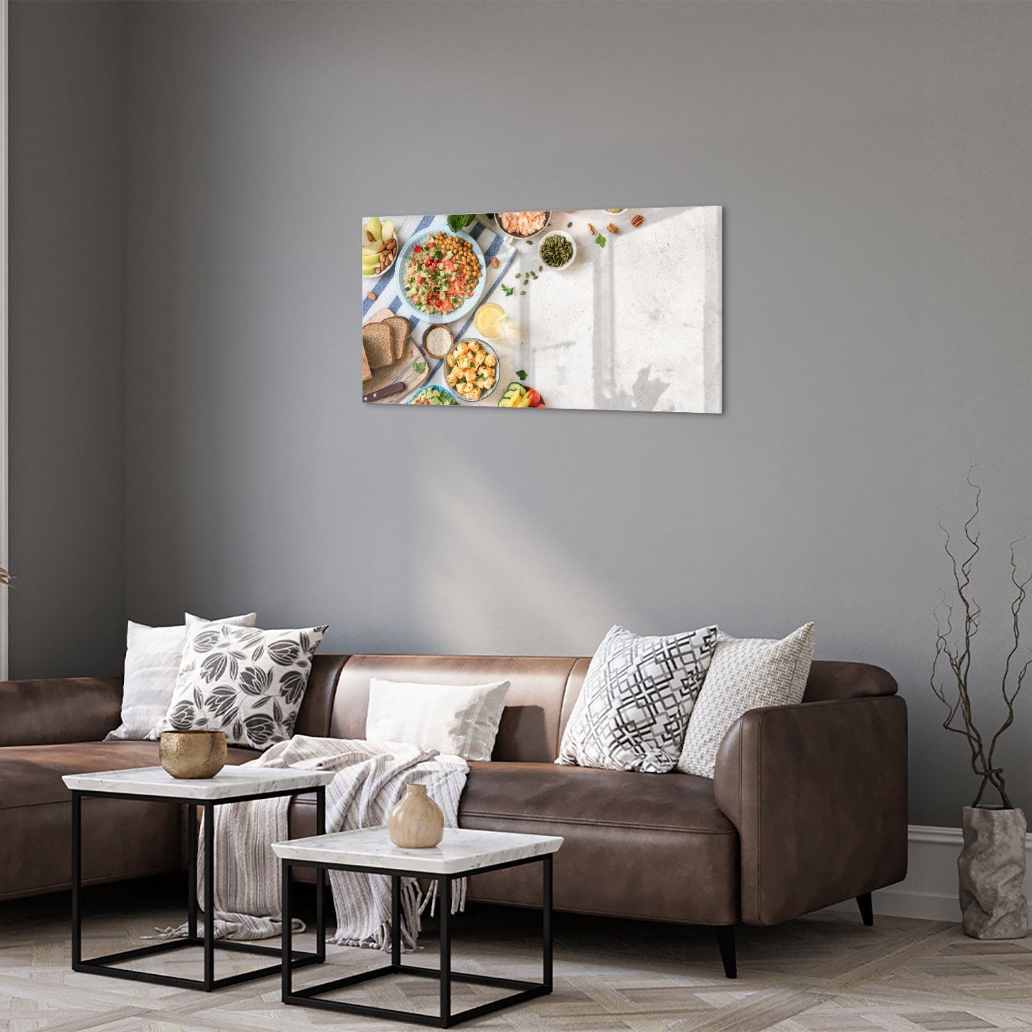 Farbenfrohes Glasbild mit frischen Speisen – Glasbild aus Sicherheitsglas, Größe 125x50