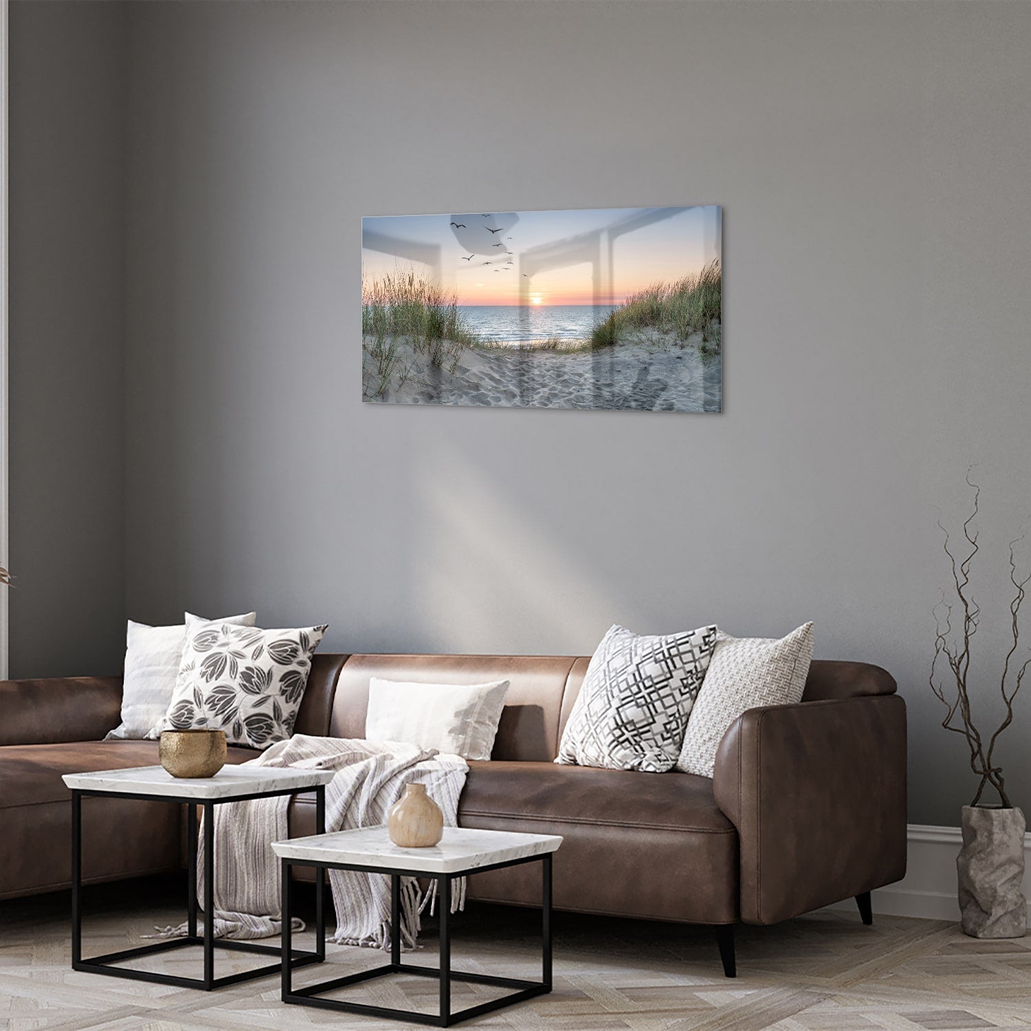 Glasbild mit ruhigem Sonnenuntergang am See – Glasbild aus Sicherheitsglas, Größe 125x50