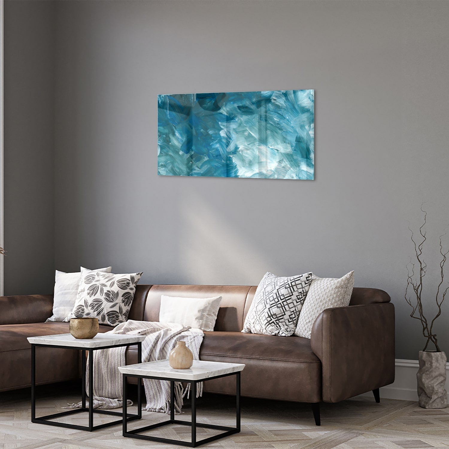 Abstraktes Glasbild in harmonischen Blautönen – Glasbild aus Sicherheitsglas, Größe 125x50