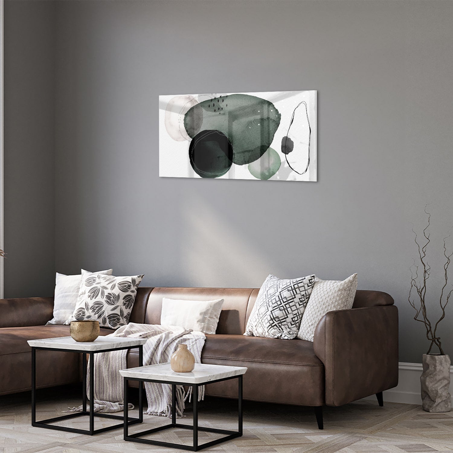Abstraktes Glasbild in grünen Farbtönen – Glasbild aus Sicherheitsglas, Größe 125x50