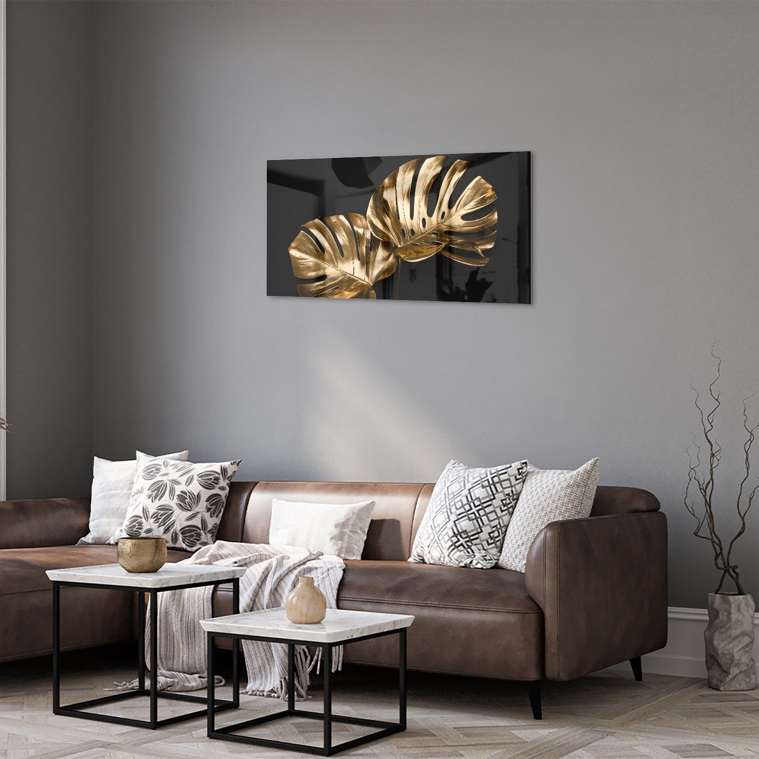 Goldenes Monstera-Glasbild für Wanddekoration – Glasbild aus Sicherheitsglas, Größe 125x50