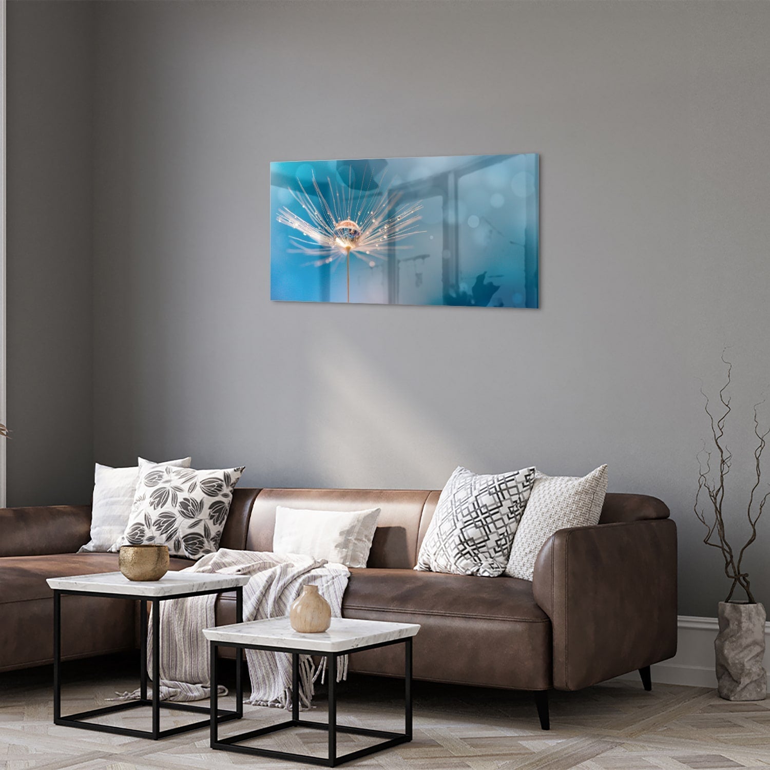 Elegantes Glasbild mit Löwenzahn-Design – Glasbild aus Sicherheitsglas, Größe 125x50