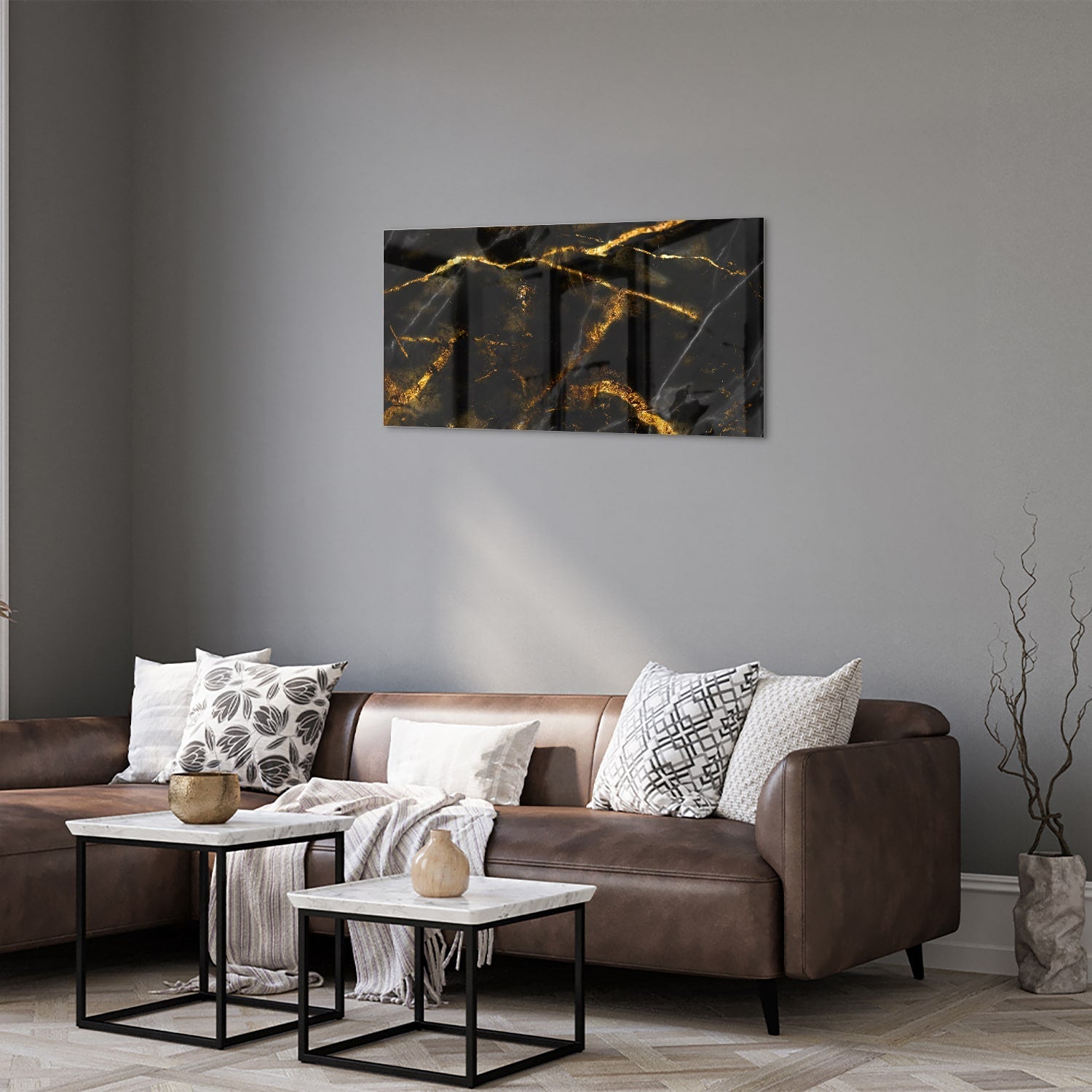 Glasbild mit schwarzem und goldenem Marmordesign – Glasbild aus Sicherheitsglas, Größe 125x50