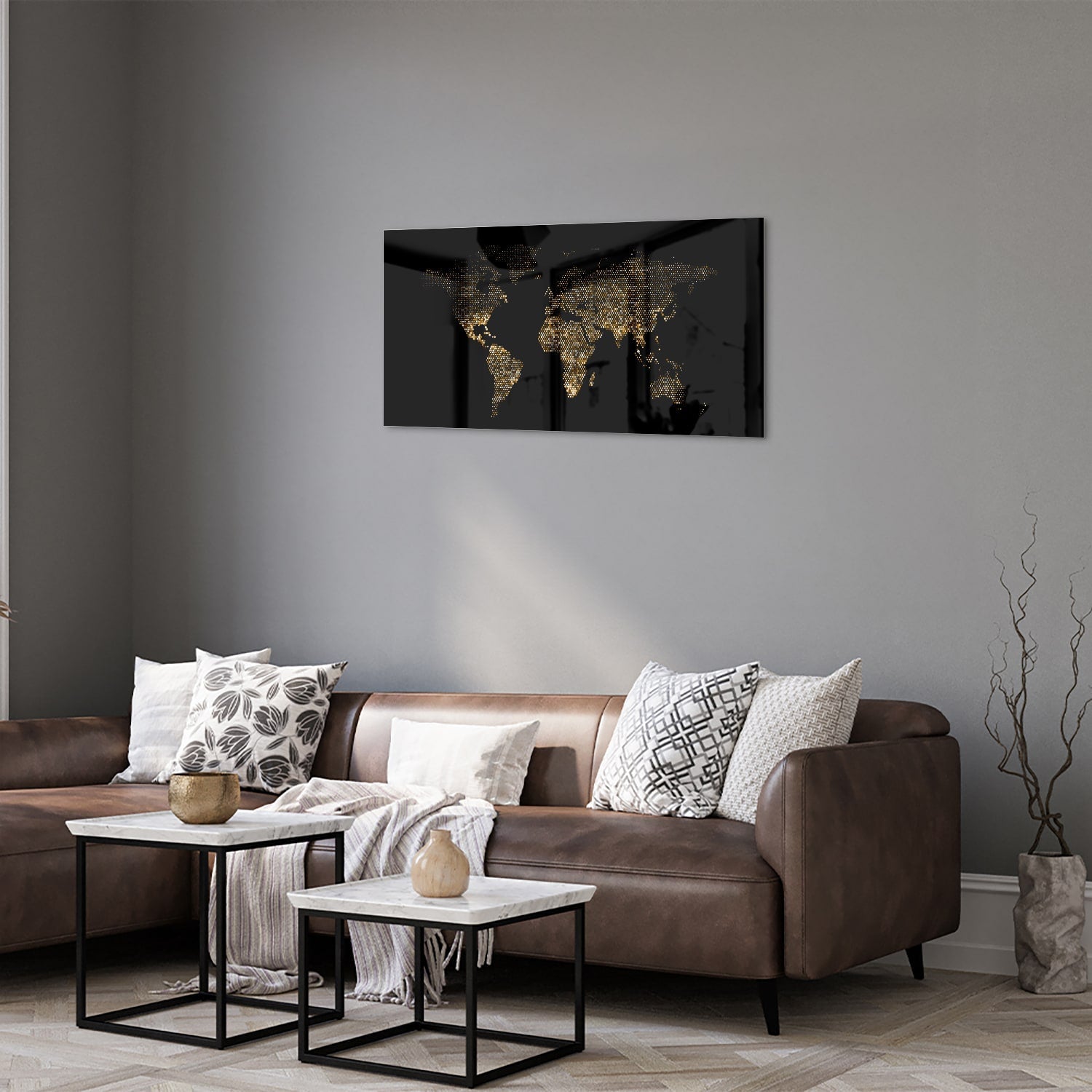 Elegantes Glasbild mit Weltkarte in Schwarz und Gold – Glasbild aus Sicherheitsglas, Größe 125x50