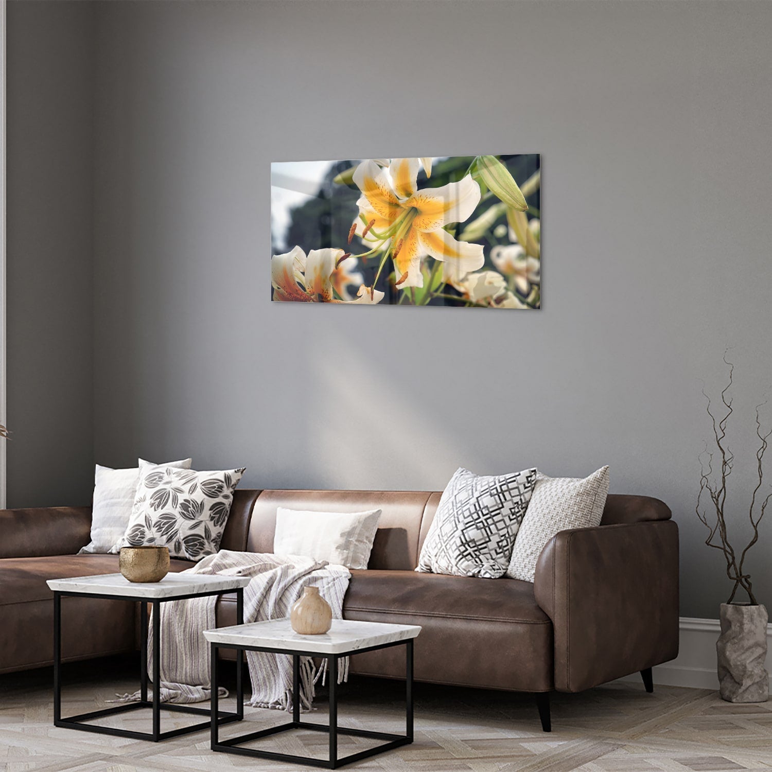 Elegantes Glasbild mit Lilien – Glasbild aus Sicherheitsglas, Größe 125x50