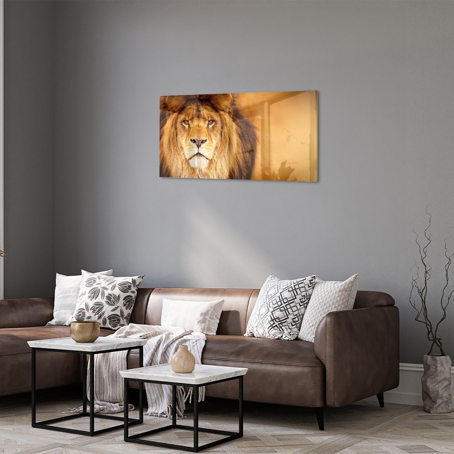 Glasbild mit majestätischem Löwen für Ihr Interieur – Glasbild aus Sicherheitsglas, Größe 125x50