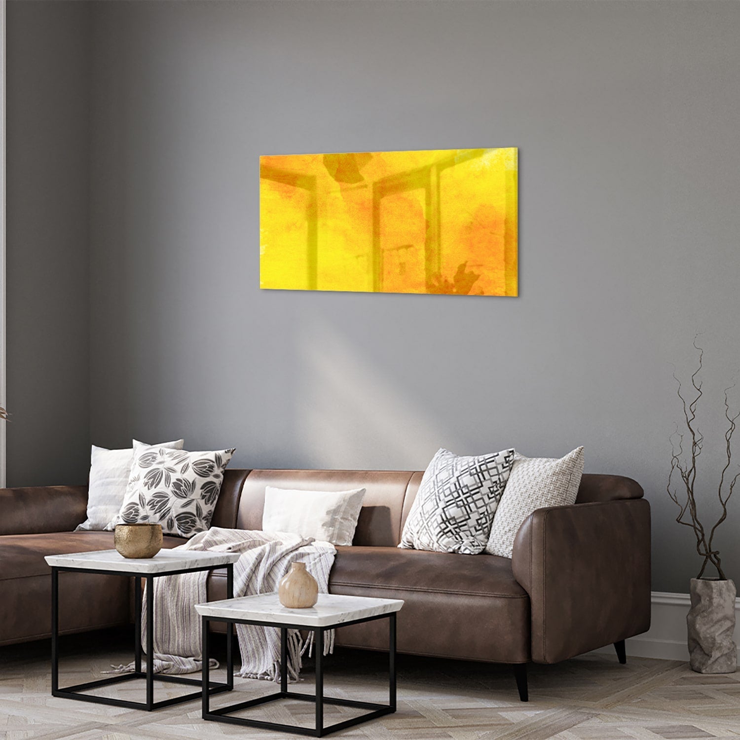 Leuchtend gelbes Glasbild für ein geradliniges Interieur – Glasbild aus Sicherheitsglas, Größe 125x50