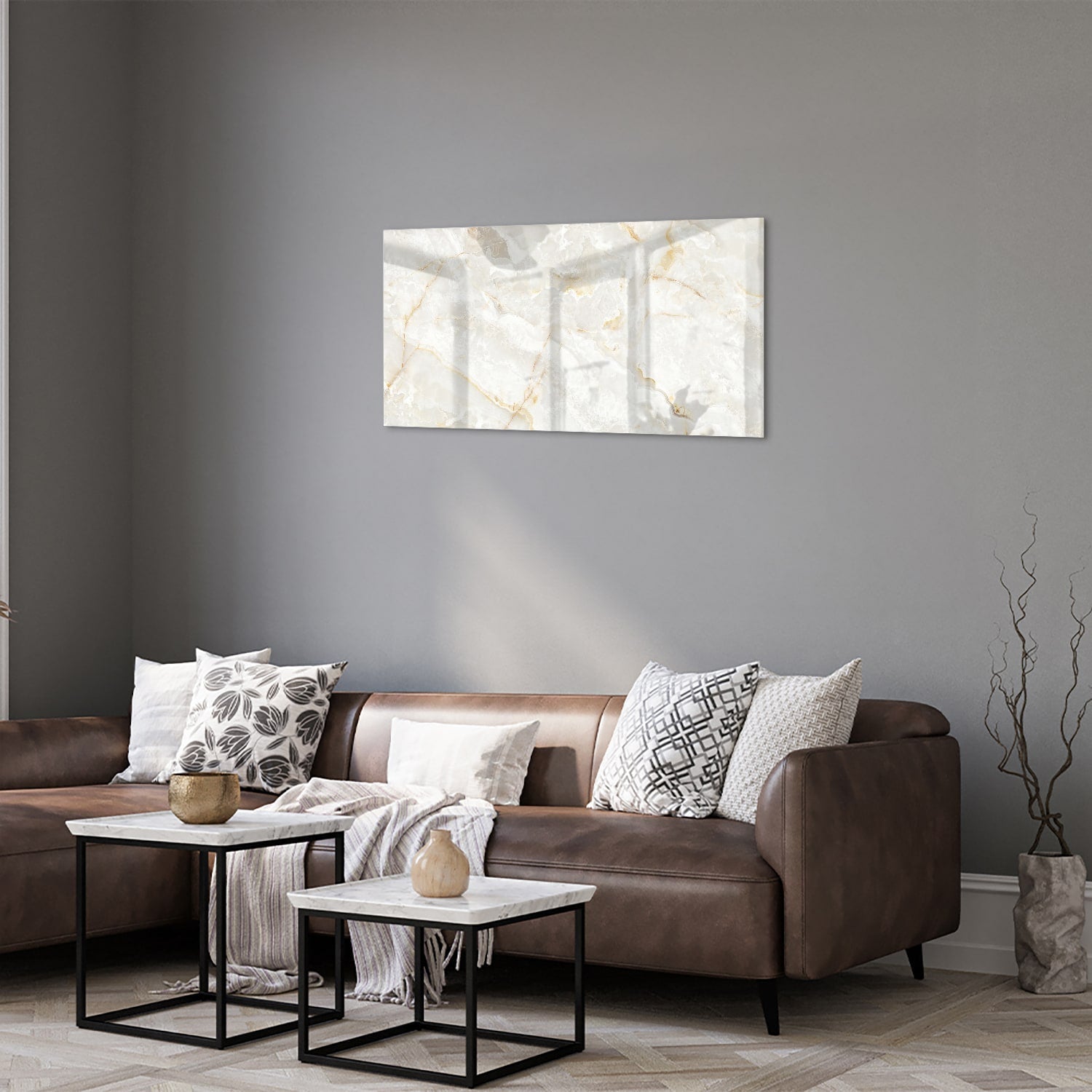 Elegantes Glasbild mit Gold und Grau – Glasbild aus Sicherheitsglas, Größe 125x50