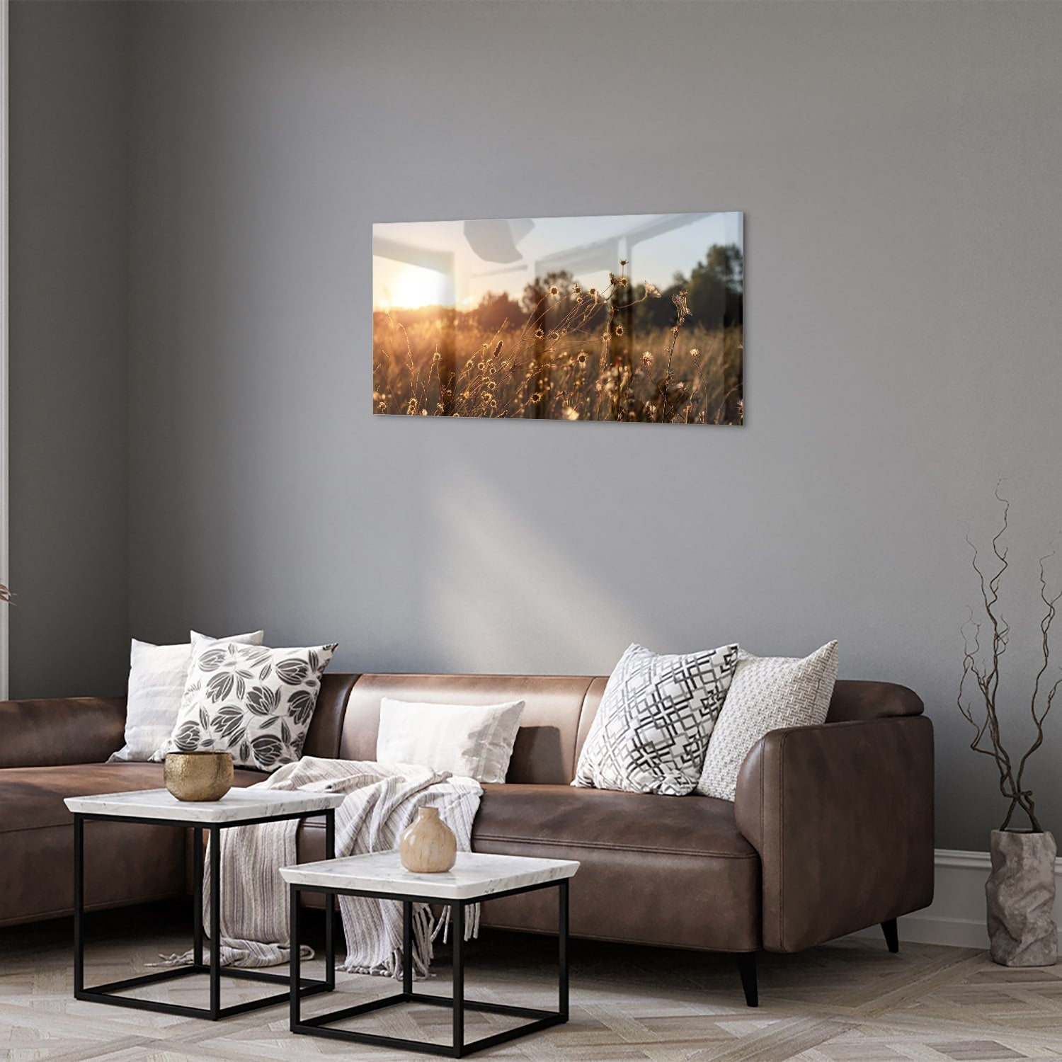 Zauberhaftes Glasbild mit goldenem Sonnenuntergang – Glasbild aus Sicherheitsglas, Größe 125x50