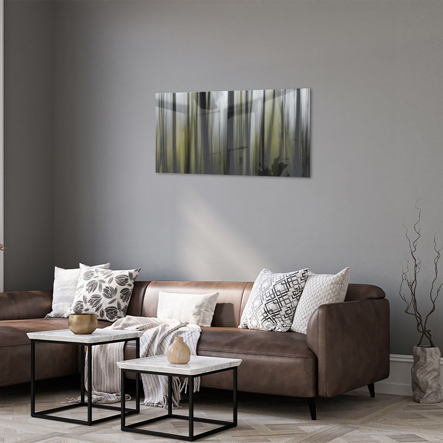 Glasbild mit grünem Bambus in einem modernen Wohnzimmer – Glasbild aus Sicherheitsglas, Größe 125x50