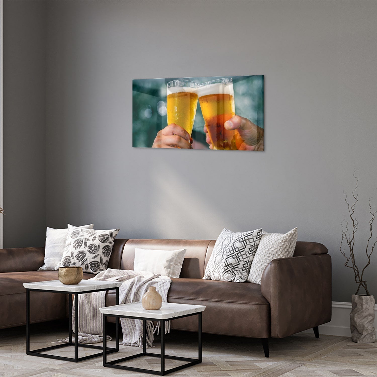 Glasbild mit zwei Biergläsern – Prost – Glasbild aus Sicherheitsglas, Größe 125x50