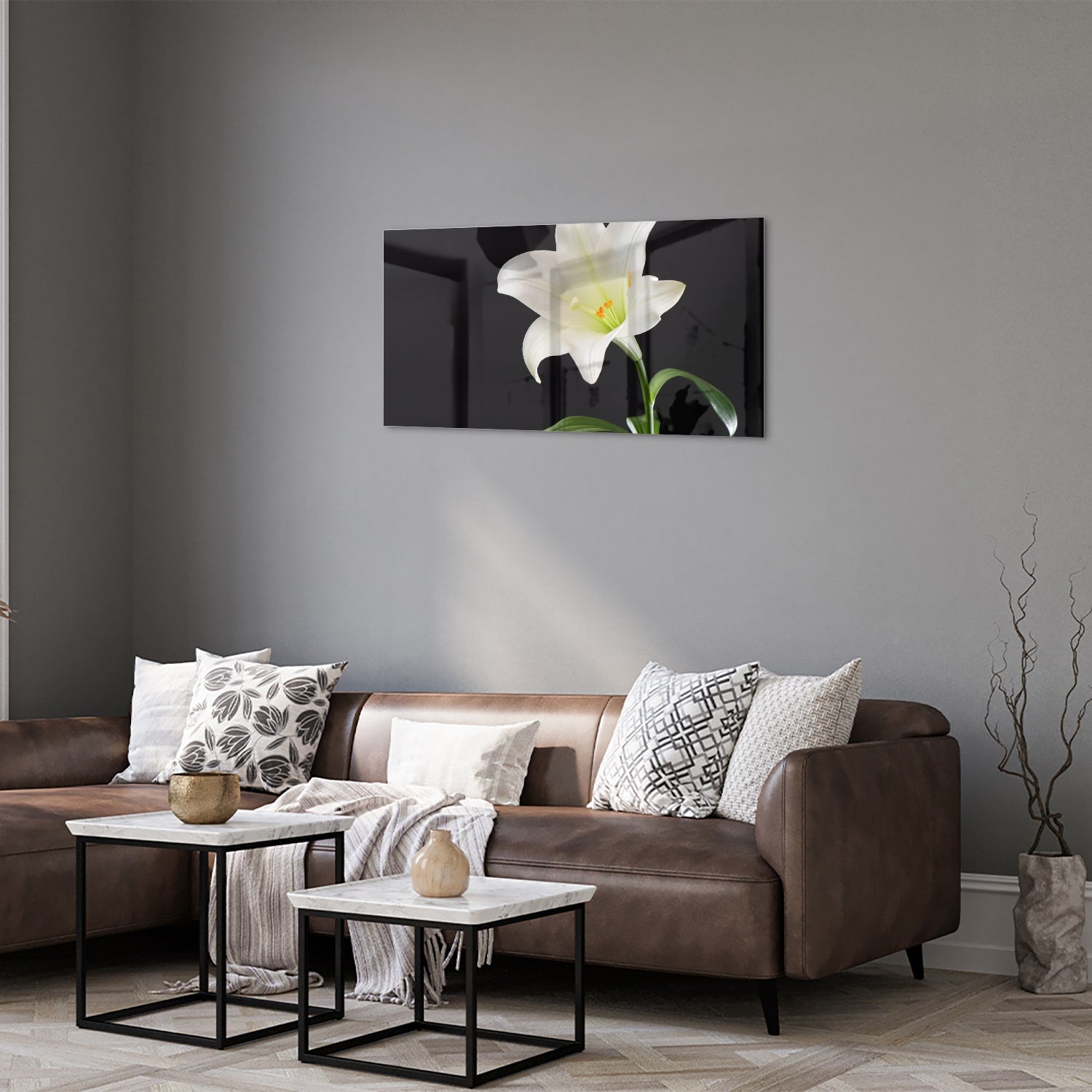 Stilvolles Glasbild mit einer weißen Lilie – Glasbild aus Sicherheitsglas, Größe 125x50