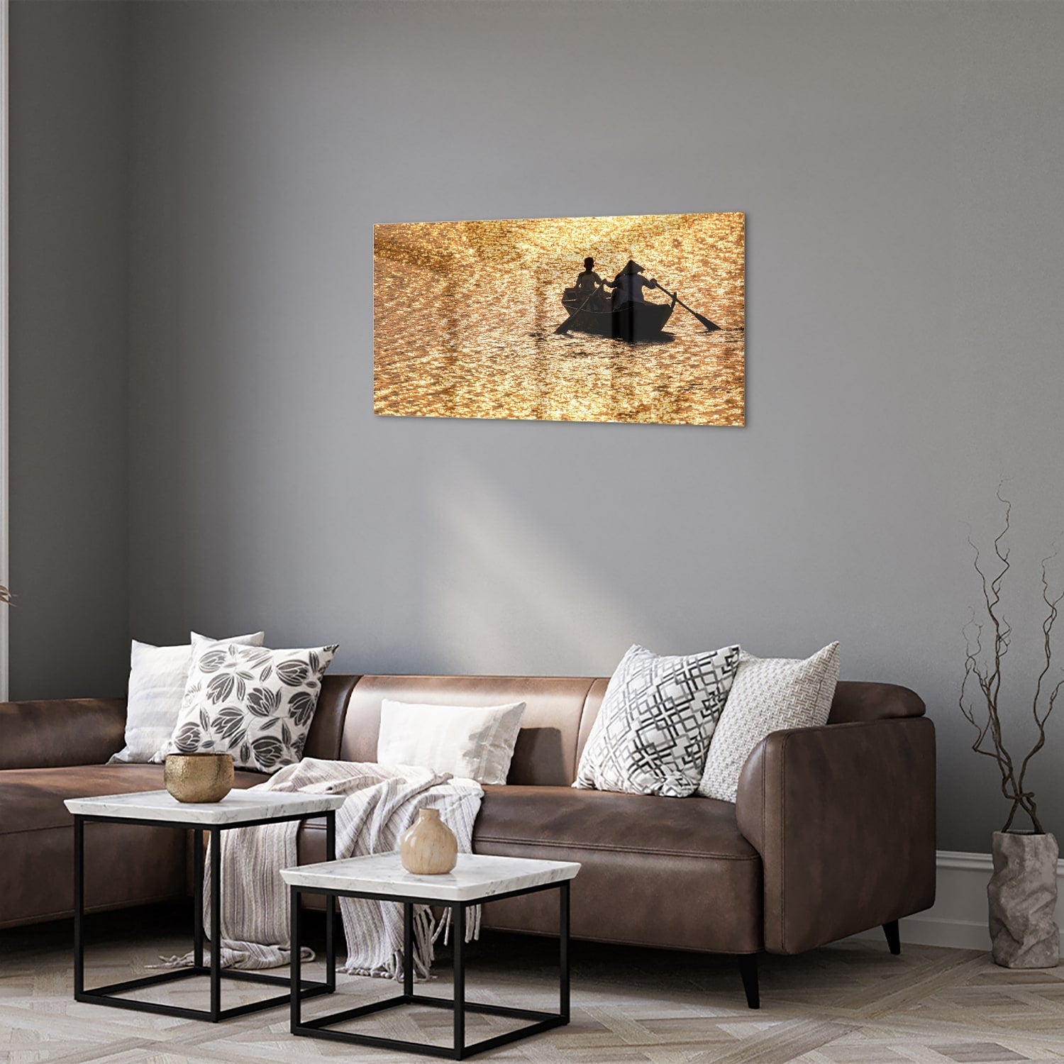 Glasbild mit Ruderboot auf goldenem Wasser – Glasbild aus Sicherheitsglas, Größe 125x50