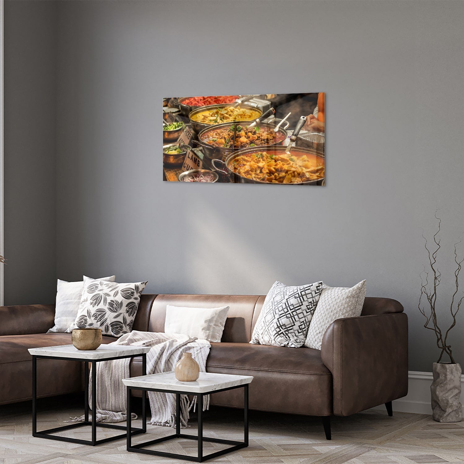 Farbenfrohes Glasbild mit indischem Essen – Glasbild aus Sicherheitsglas, Größe 125x50