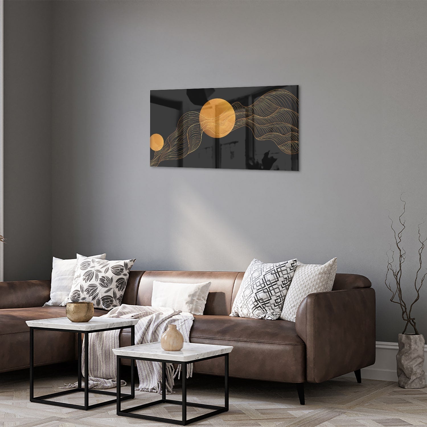 Abstraktes Glasbild mit goldener Sonne und schwarzem Design – Glasbild aus Sicherheitsglas, Größe 125x50