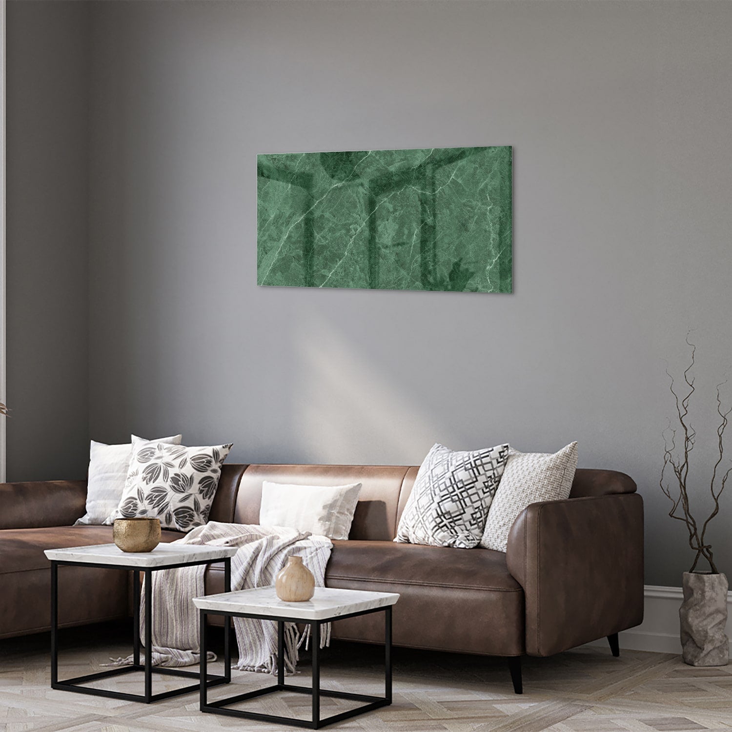 Grünes Glasbild mit Marmoroptik – Glasbild aus Sicherheitsglas, Größe 125x50