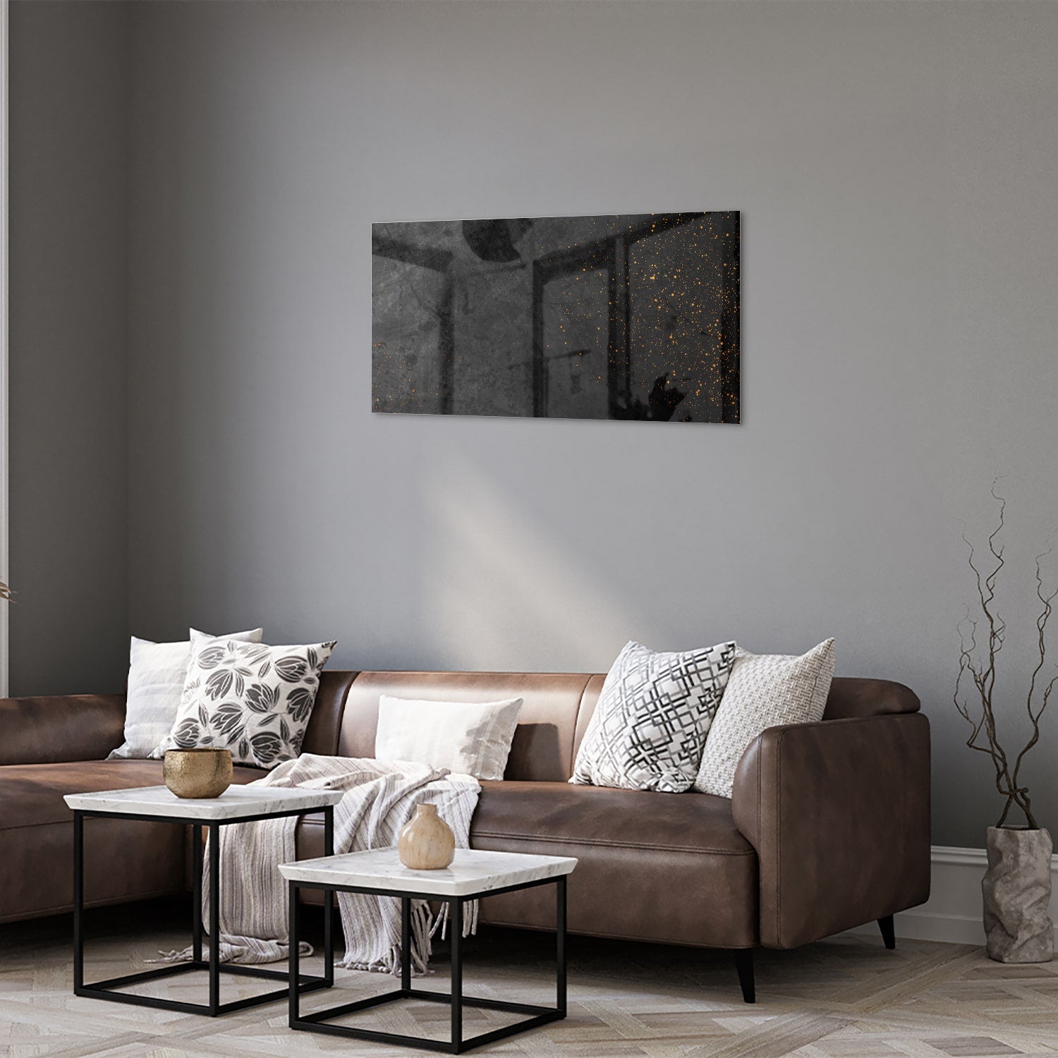 Modernes Glasbild mit dunklem Design und goldenen Akzenten – Glasbild aus Sicherheitsglas, Größe 125x50