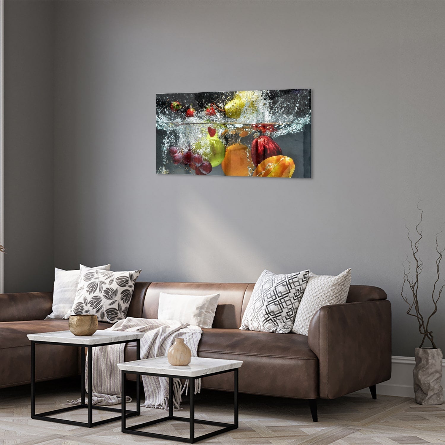 Leuchtendes Glasbild mit Früchten und Wassertropfen – Glasbild aus Sicherheitsglas, Größe 125x50