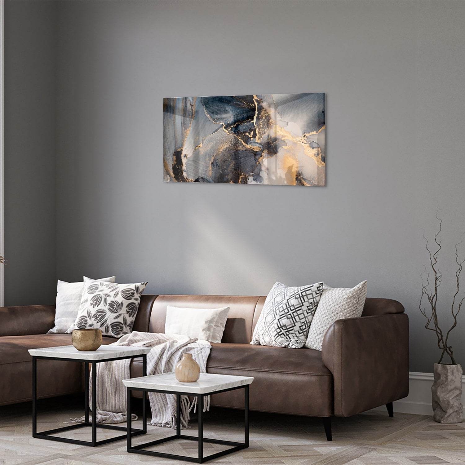 Elegantes Glasbild mit Blau und Gold – Glasbild aus Sicherheitsglas, Größe 125x50