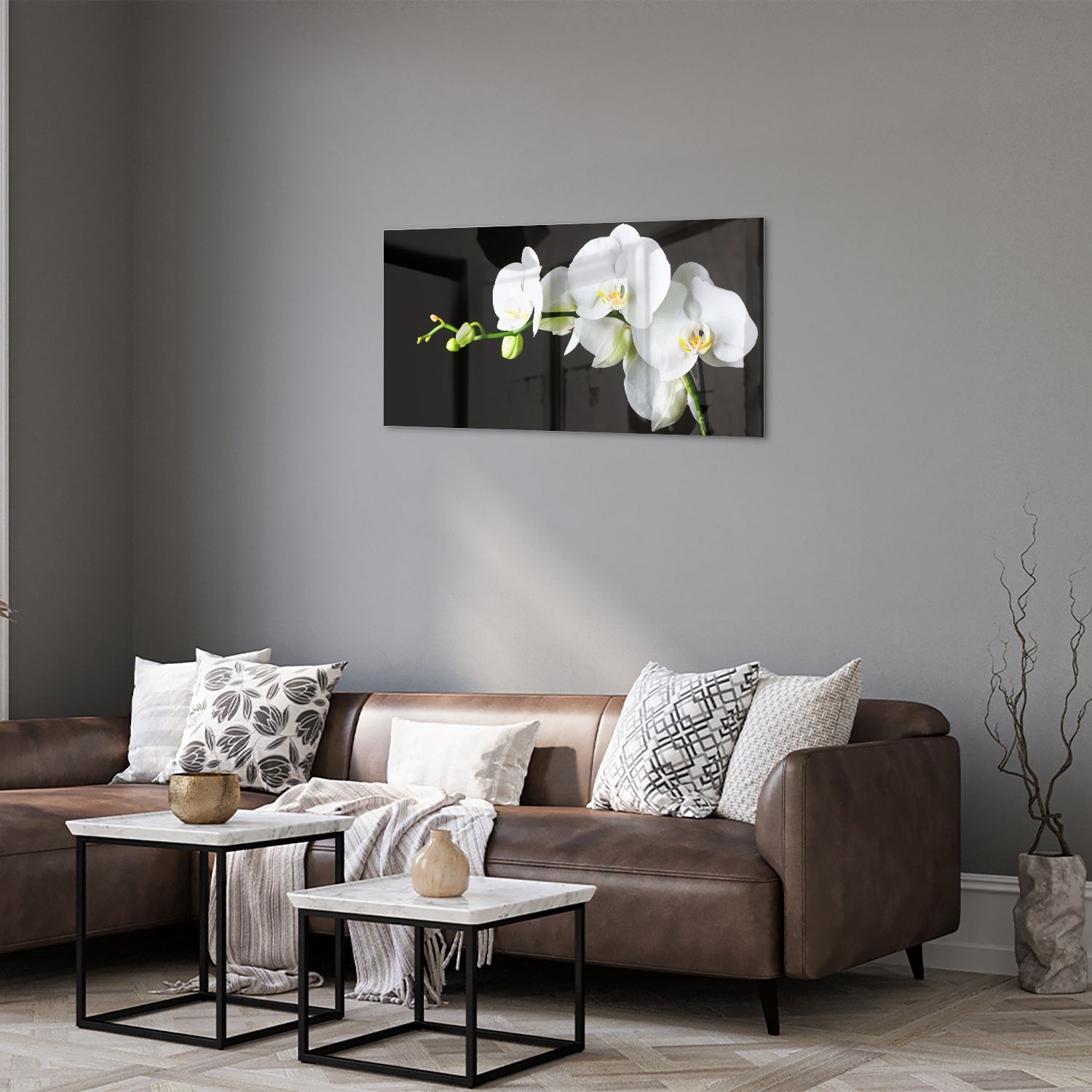 Elegantes Glasbild mit weißen Orchideen – Glasbild aus Sicherheitsglas, Größe 125x50