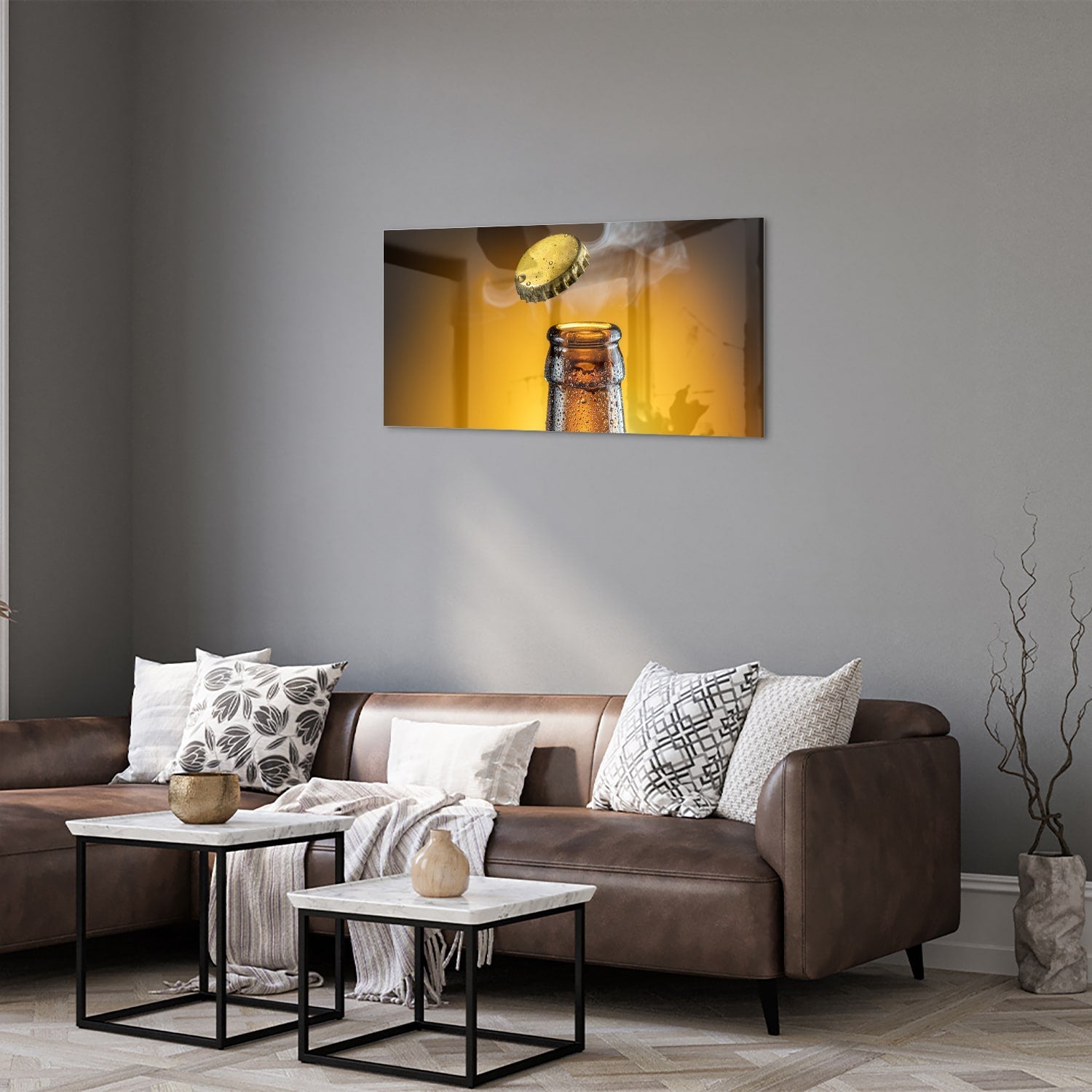 Glasbild mit aufsteigender Flasche und Verschluss – Glasbild aus Sicherheitsglas, Größe 125x50