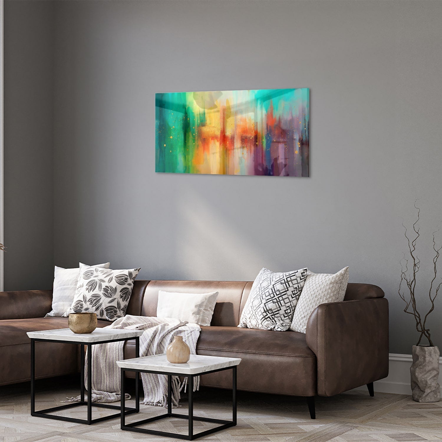 Farbenfrohes Glasbild mit abstrakten Formen – Glasbild aus Sicherheitsglas, Größe 125x50