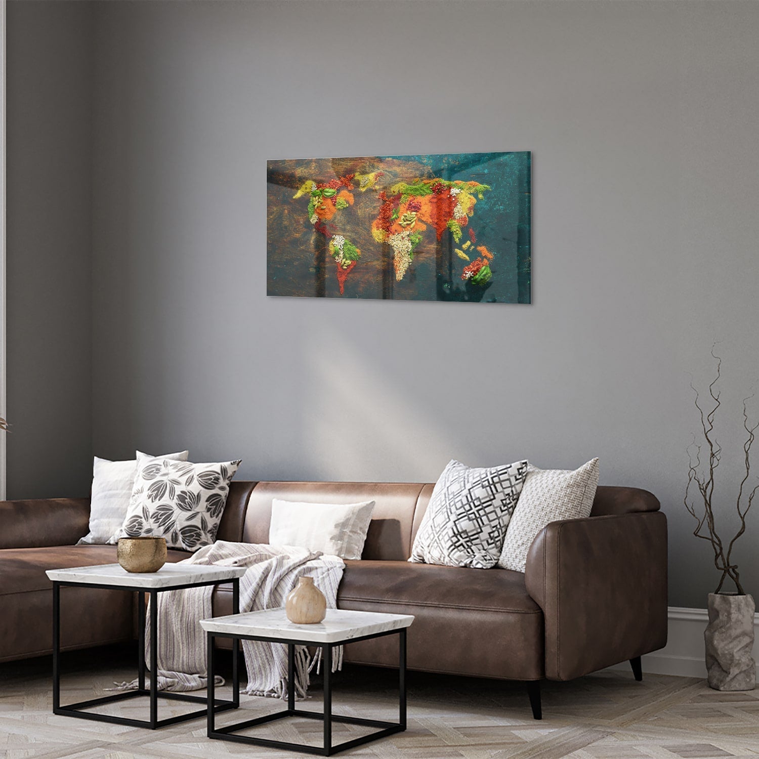 Einzigartiges Glasbild mit moderner Weltkarte – Glasbild aus Sicherheitsglas, Größe 125x50
