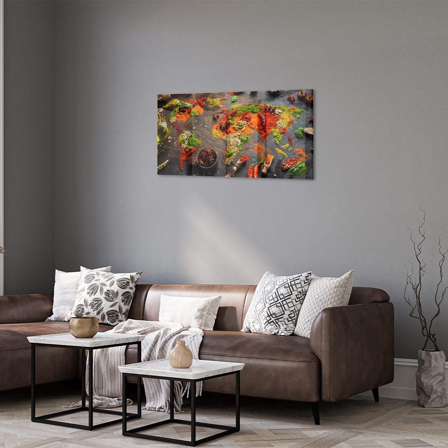 Farbenfrohes Glasbild mit Gewürzen und Gemüse – Glasbild aus Sicherheitsglas, Größe 125x50