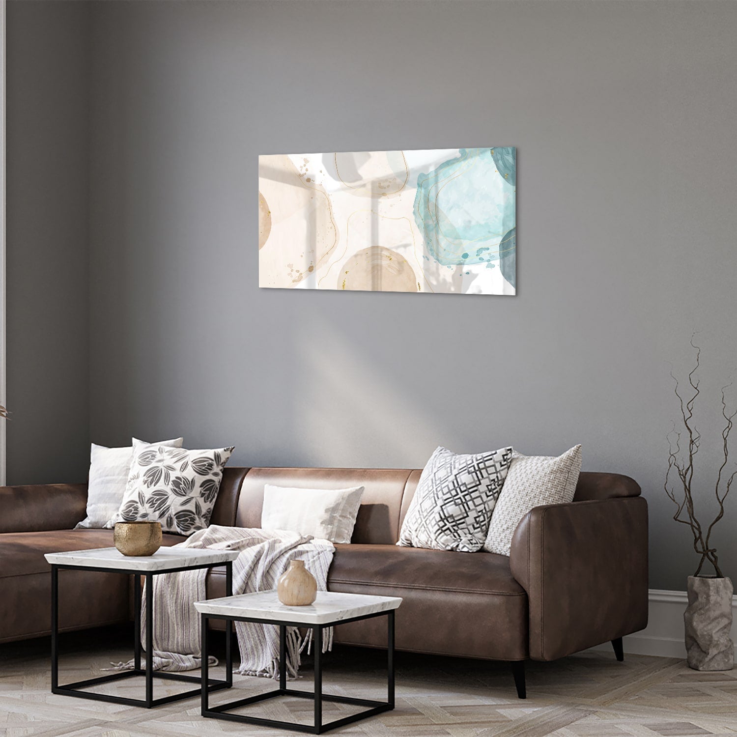 Elegantes Glasbild mit sanftem Aqua und goldenen Farbtönen – Glasbild aus Sicherheitsglas, Größe 125x50