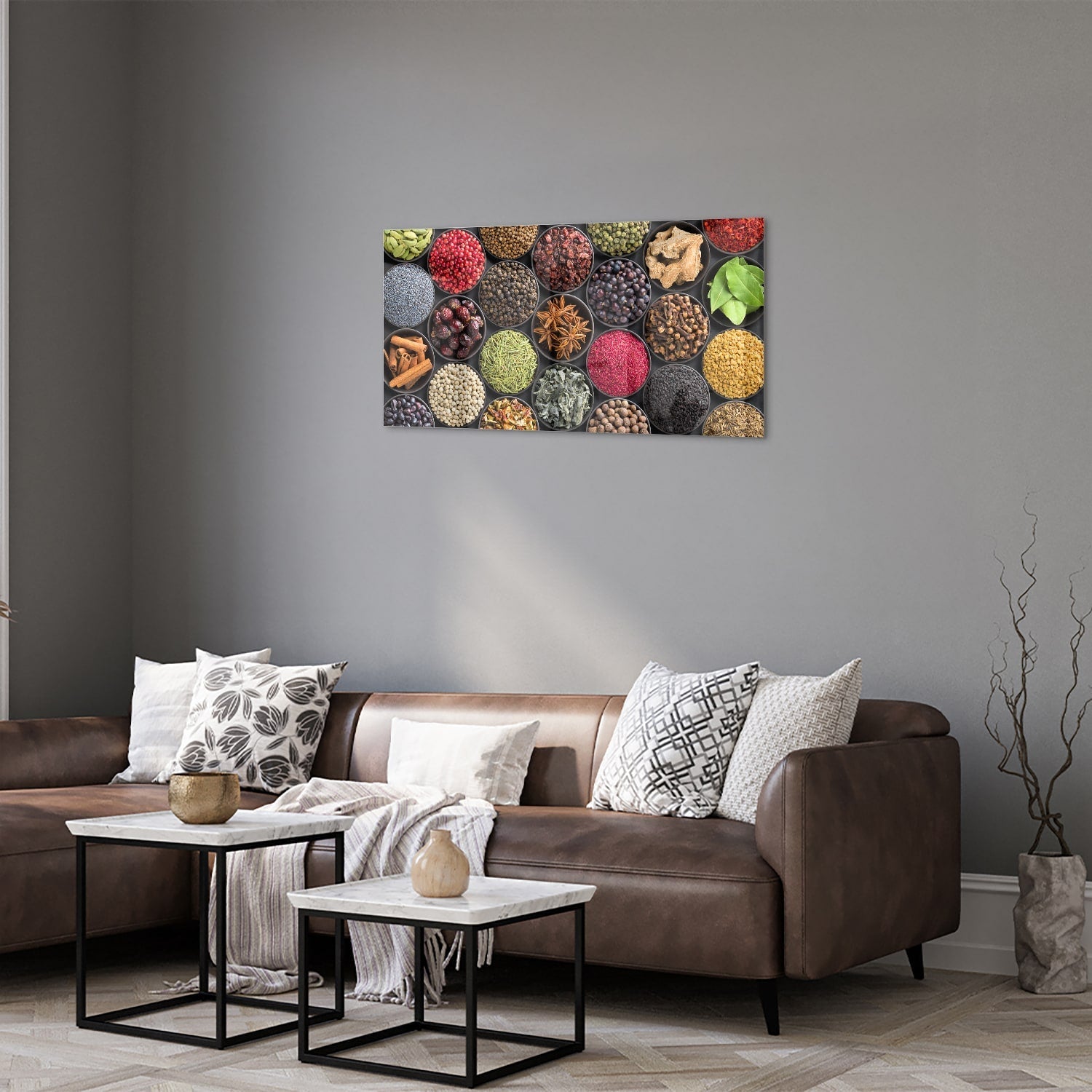 Farbenfrohes Glasbild mit Gewürzen und Kräutern – Glasbild aus Sicherheitsglas, Größe 125x50