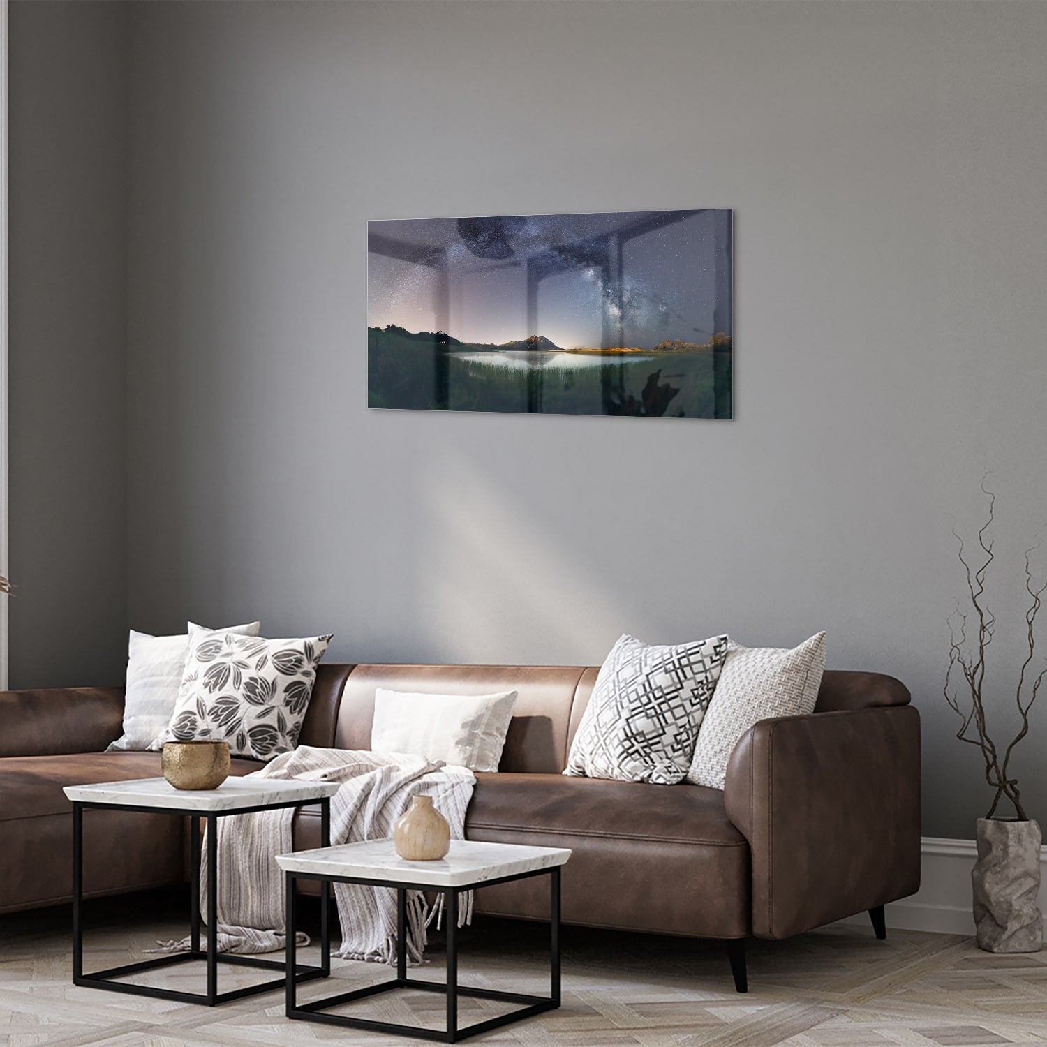 Glasbild: Sternenhimmel und Berge – Glasbild aus Sicherheitsglas, Größe 125x50