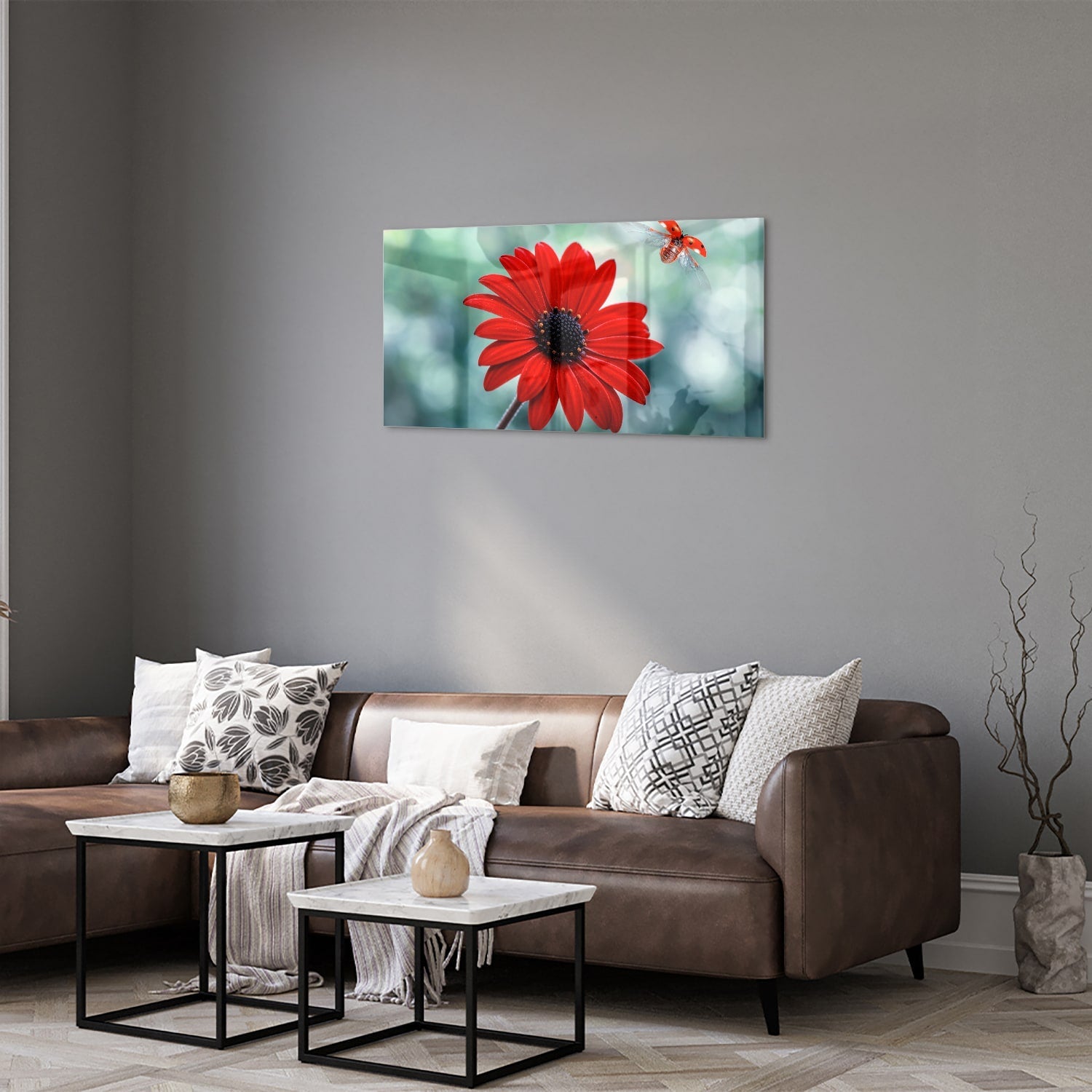 Beeindruckendes Glasbild mit einem roten Löwenzahn – Glasbild aus Sicherheitsglas, Größe 125x50