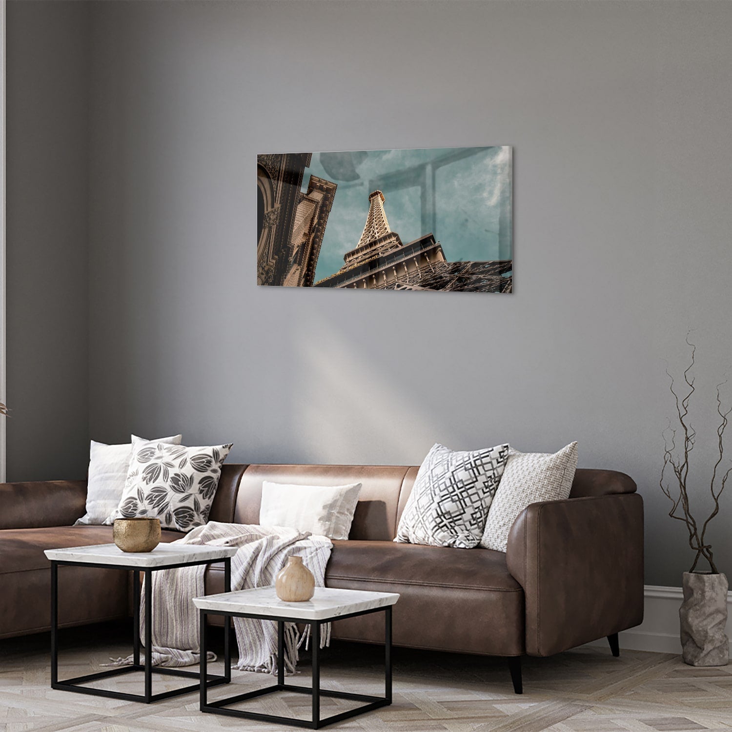 Glasbild mit dem Eiffelturm in luxuriöser Optik – Glasbild aus Sicherheitsglas, Größe 125x50