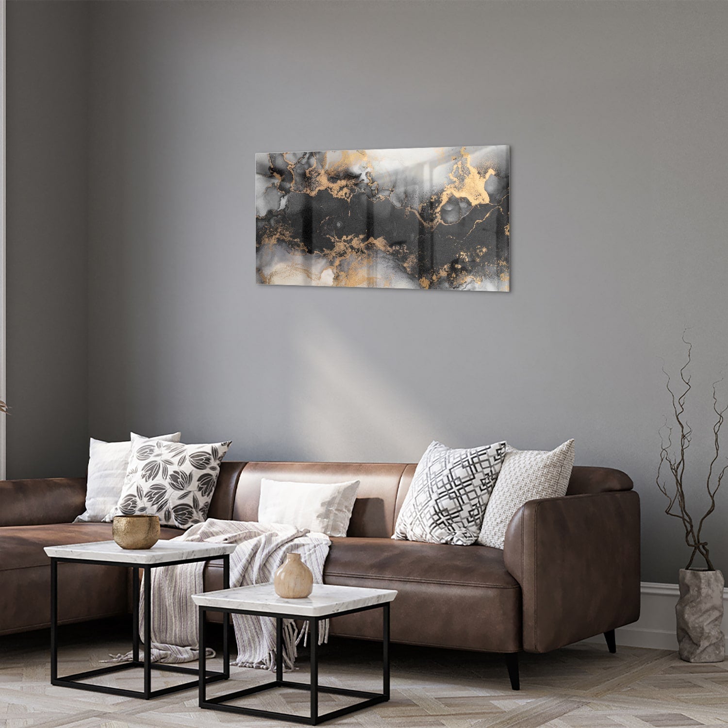 Elegantes Glasbild mit Gold und Schwarz – Glasbild aus Sicherheitsglas, Größe 125x50