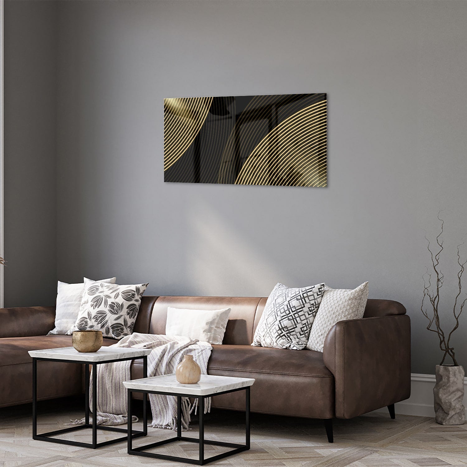 Geradliniges Glasbild mit goldenen Linien – Glasbild aus Sicherheitsglas, Größe 125x50