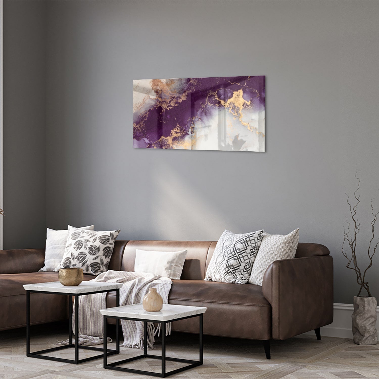 Violettes Glasbild mit goldenen Akzenten – Glasbild aus Sicherheitsglas, Größe 125x50