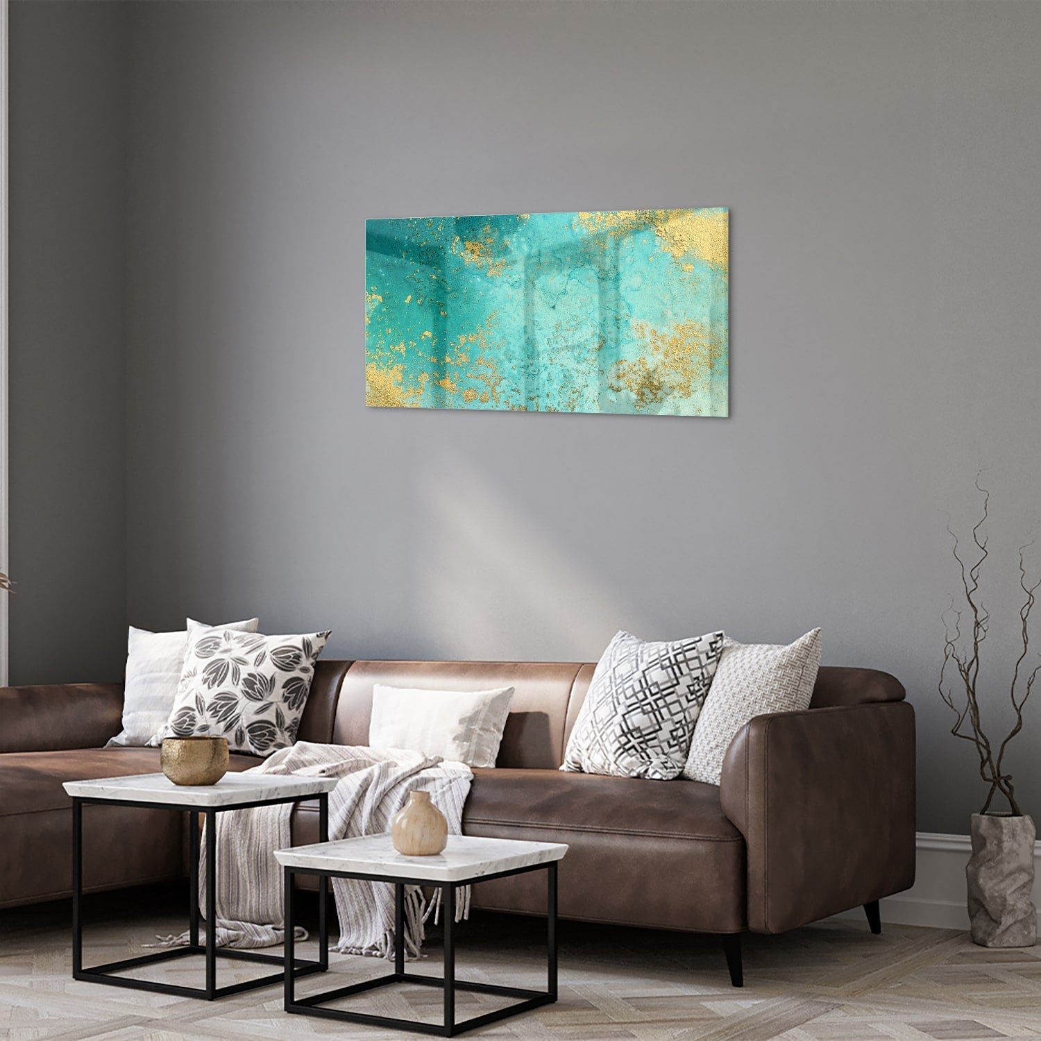 Glasbild mit goldenen Akzenten auf Türkis – Glasbild aus Sicherheitsglas, Größe 125x50