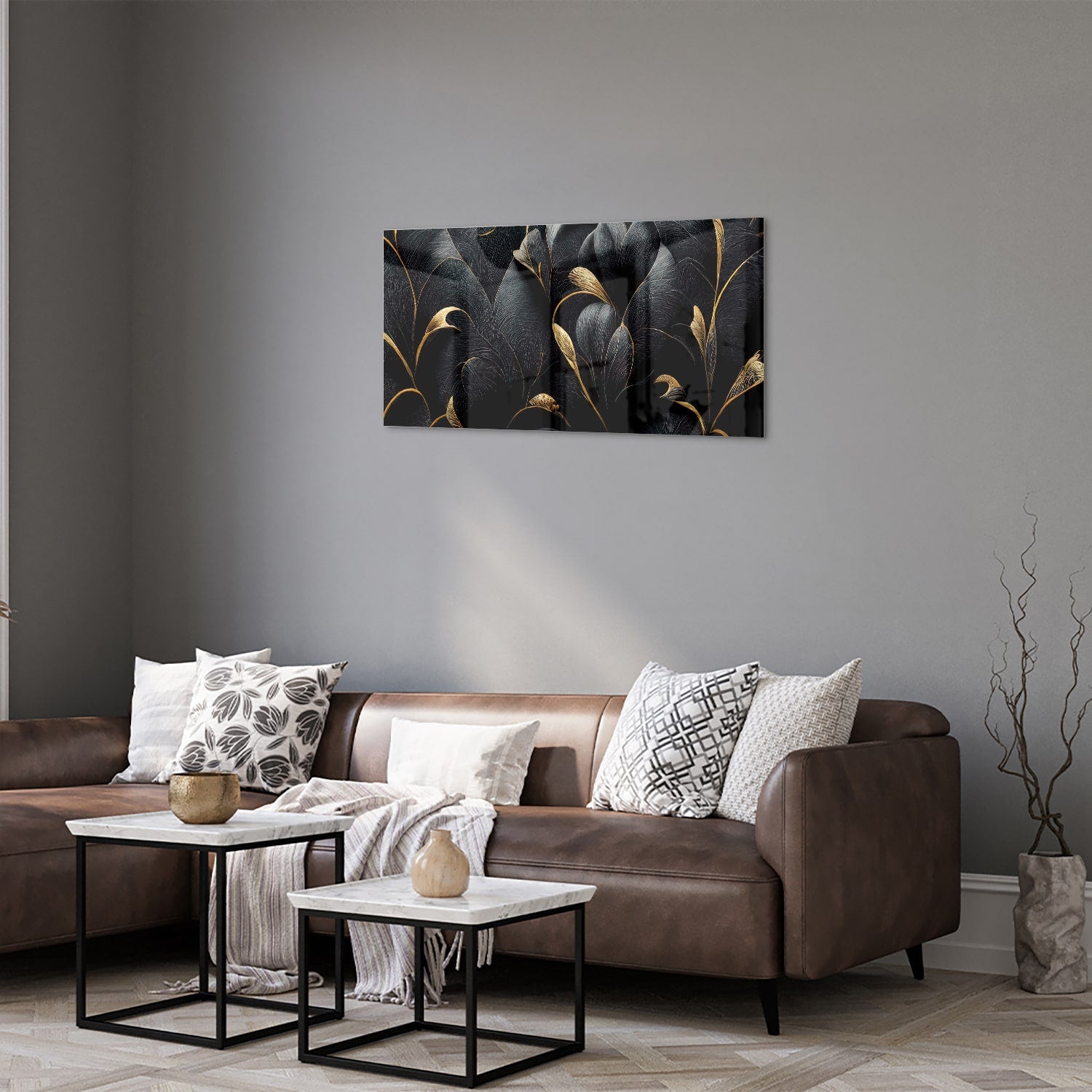Elegantes Glasbild mit goldenen Blättern – Glasbild aus Sicherheitsglas, Größe 125x50