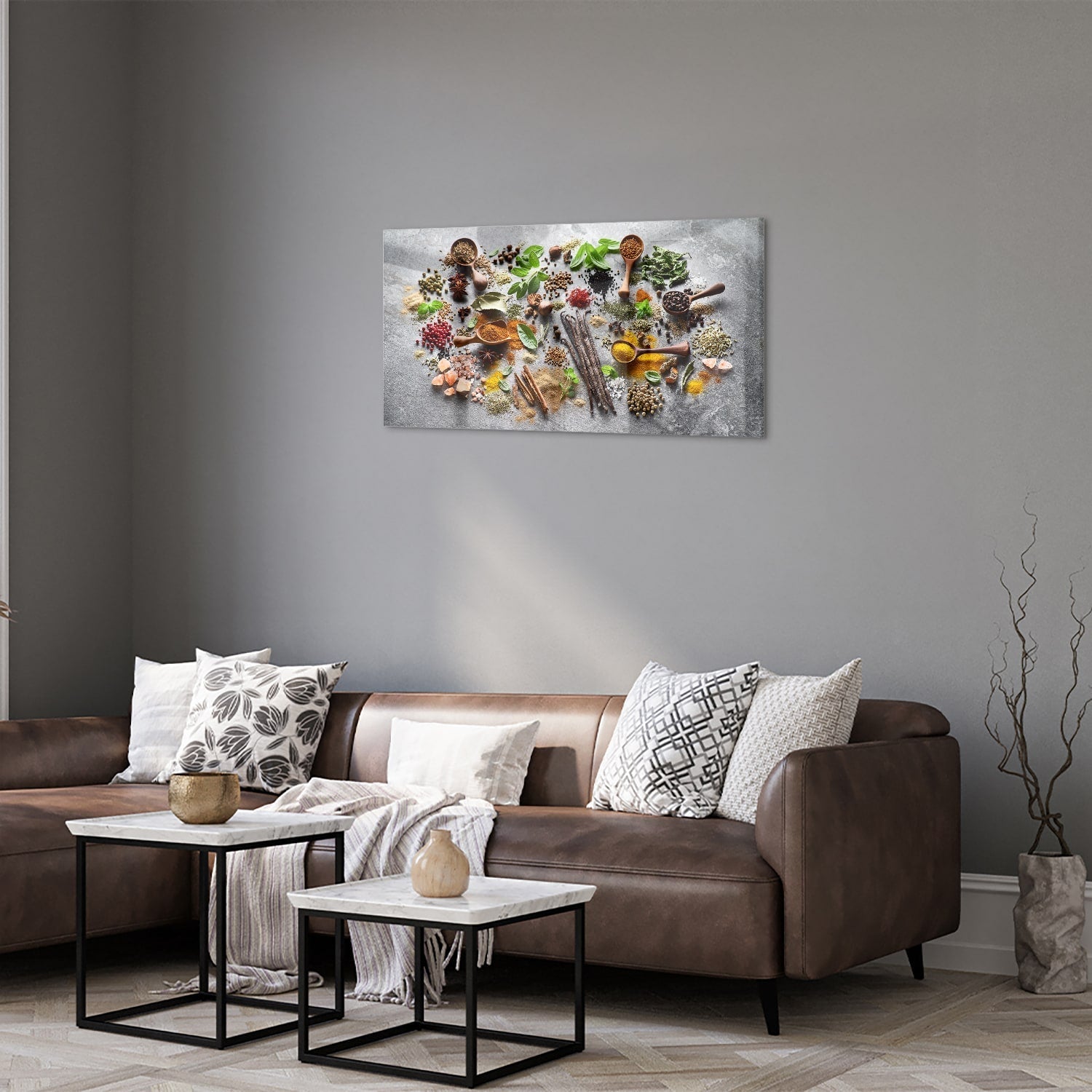 Farbenfrohes Glasbild mit Kräutern und Gewürzen – Glasbild aus Sicherheitsglas, Größe 125x50