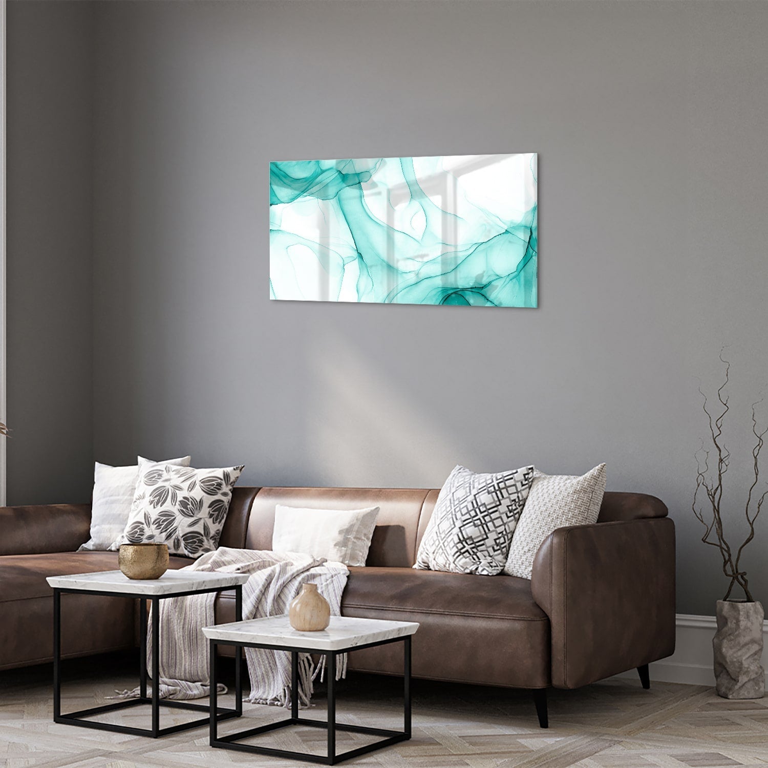 Hellblaues abstraktes Glasbild für elegante Innenräume – Glasbild aus Sicherheitsglas, Größe 125x50