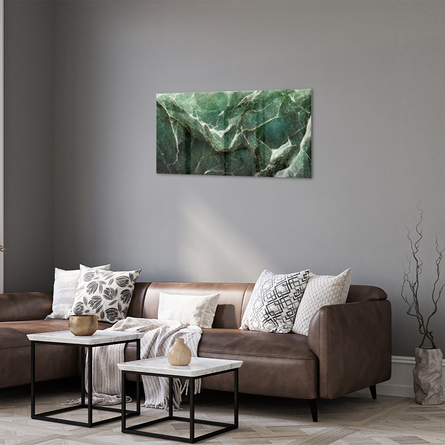 Glasbild mit grüner Marmoroptik – Glasbild aus Sicherheitsglas, Größe 125x50