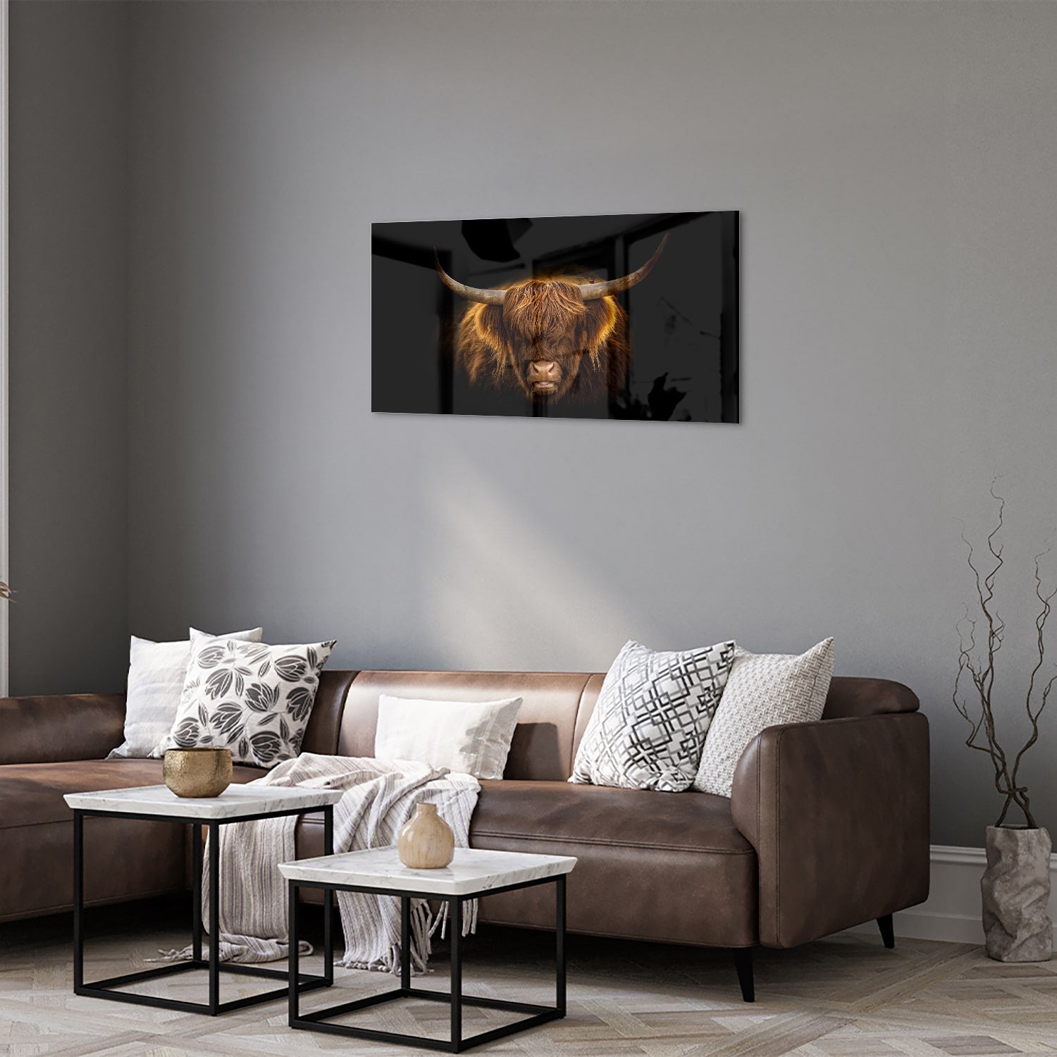 Beeindruckendes Glasbild mit Highland-Rind – Glasbild aus Sicherheitsglas, Größe 125x50