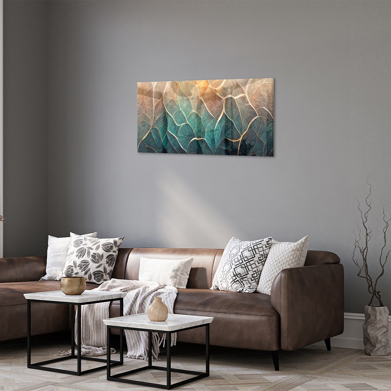Glasbild mit Blättern und goldenen Linien – Glasbild aus Sicherheitsglas, Größe 125x50