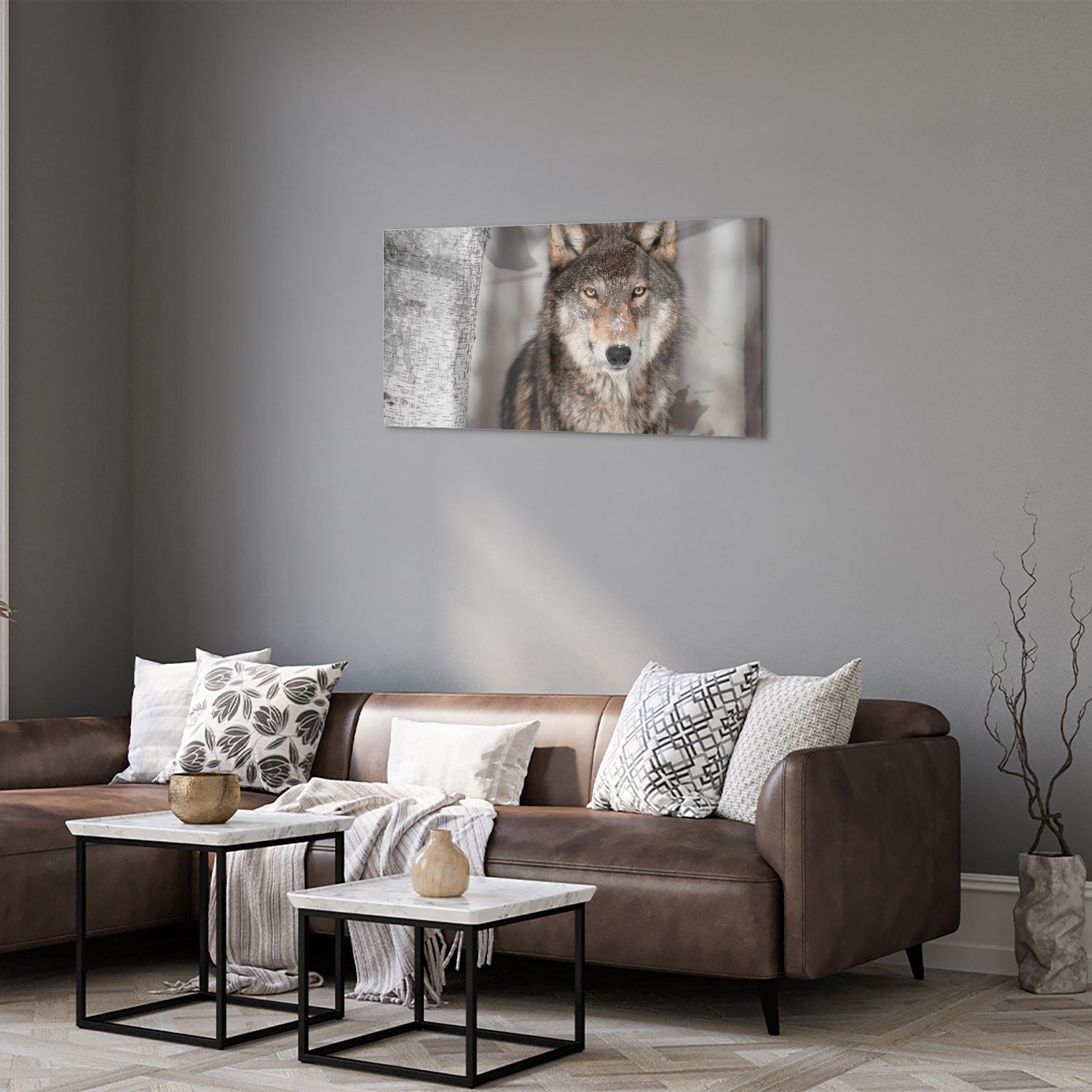 Beeindruckendes Glasbild mit einem Wolf – Glasbild aus Sicherheitsglas, Größe 125x50