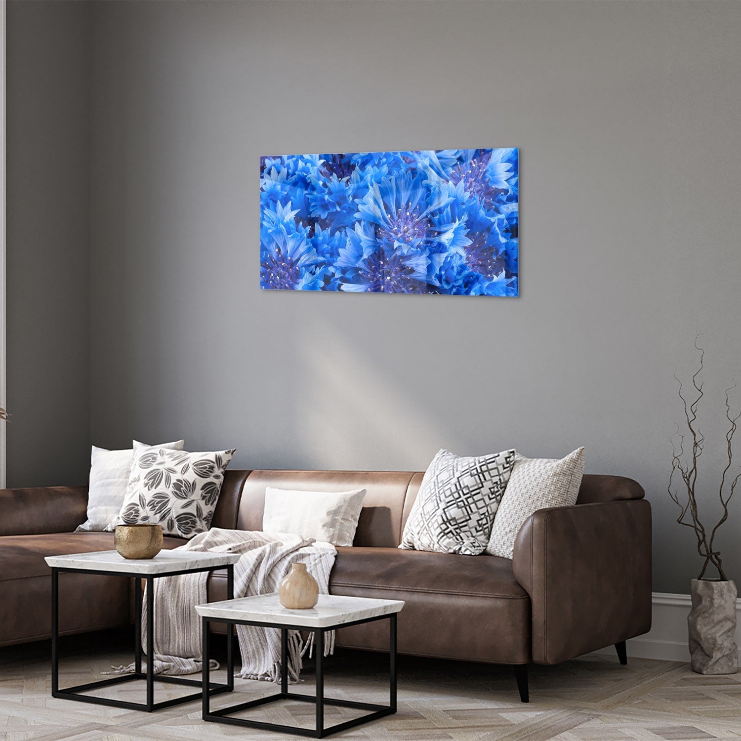 Blaues Glasbild mit Blumenmotiv – Glasbild aus Sicherheitsglas, Größe 125x50