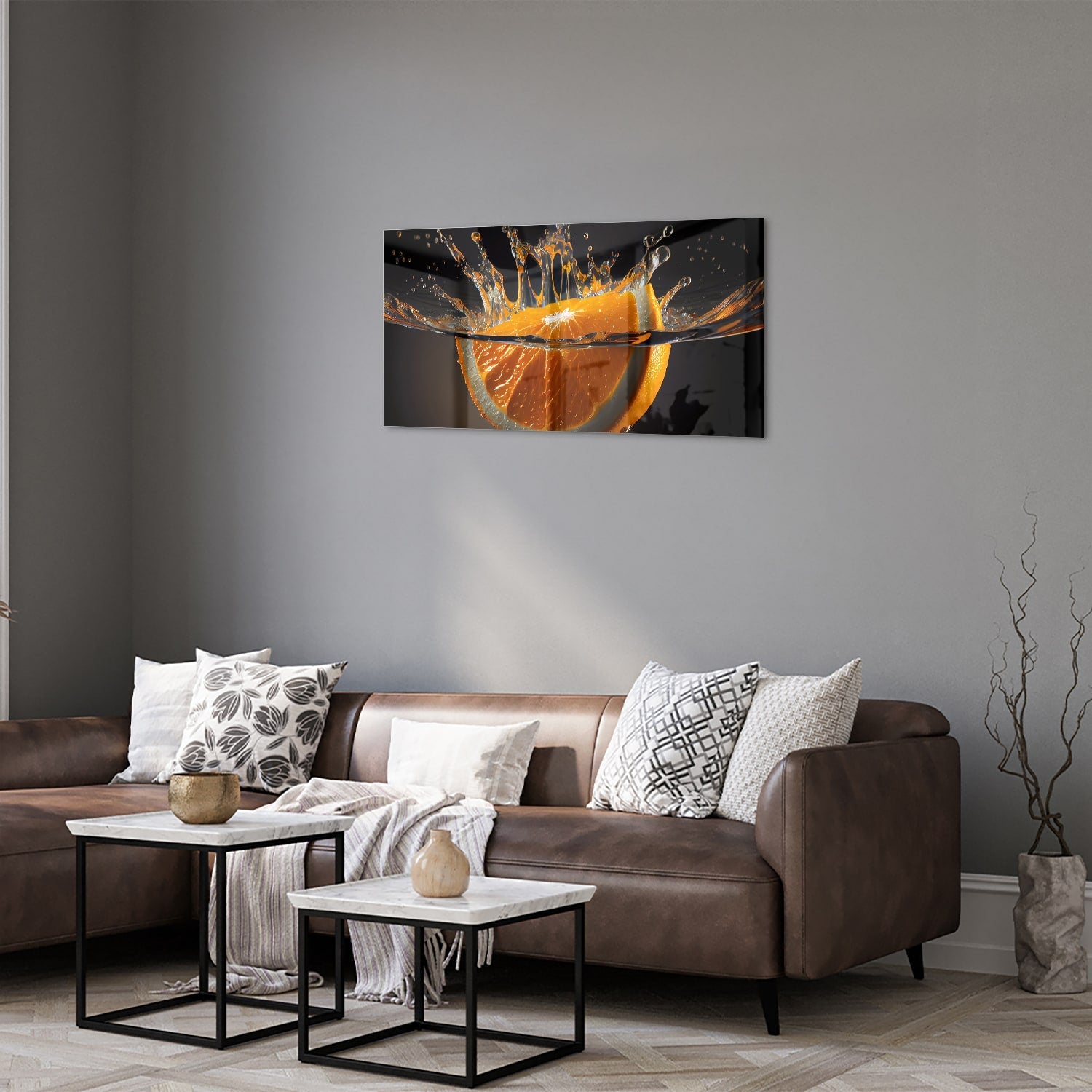 Dynamisches orangefarbenes Glasbild – Glasbild aus Sicherheitsglas, Größe 125x50