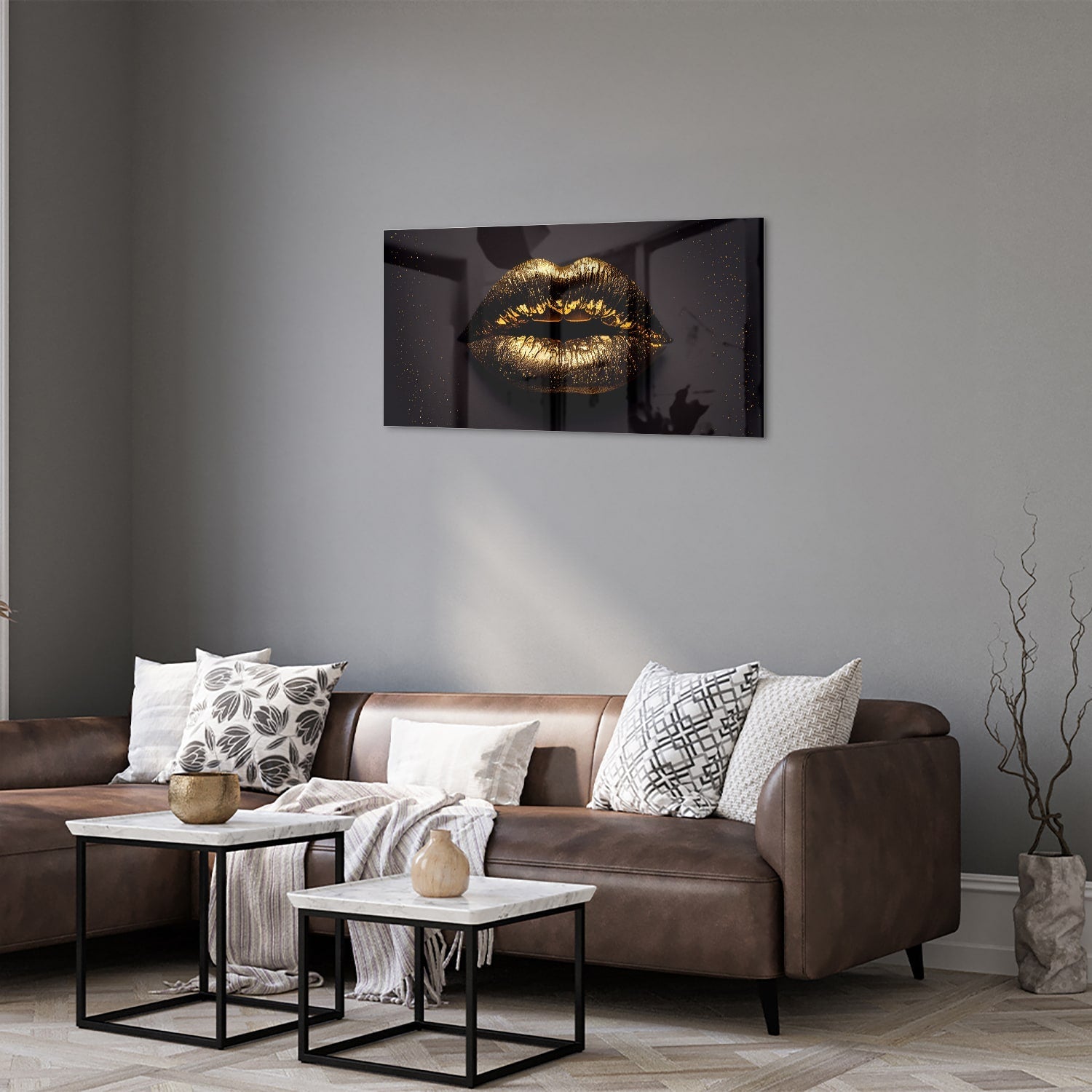 Glasbild mit goldenen Lippen für ein luxuriöses Interieur – Glasbild aus Sicherheitsglas, Größe 125x50
